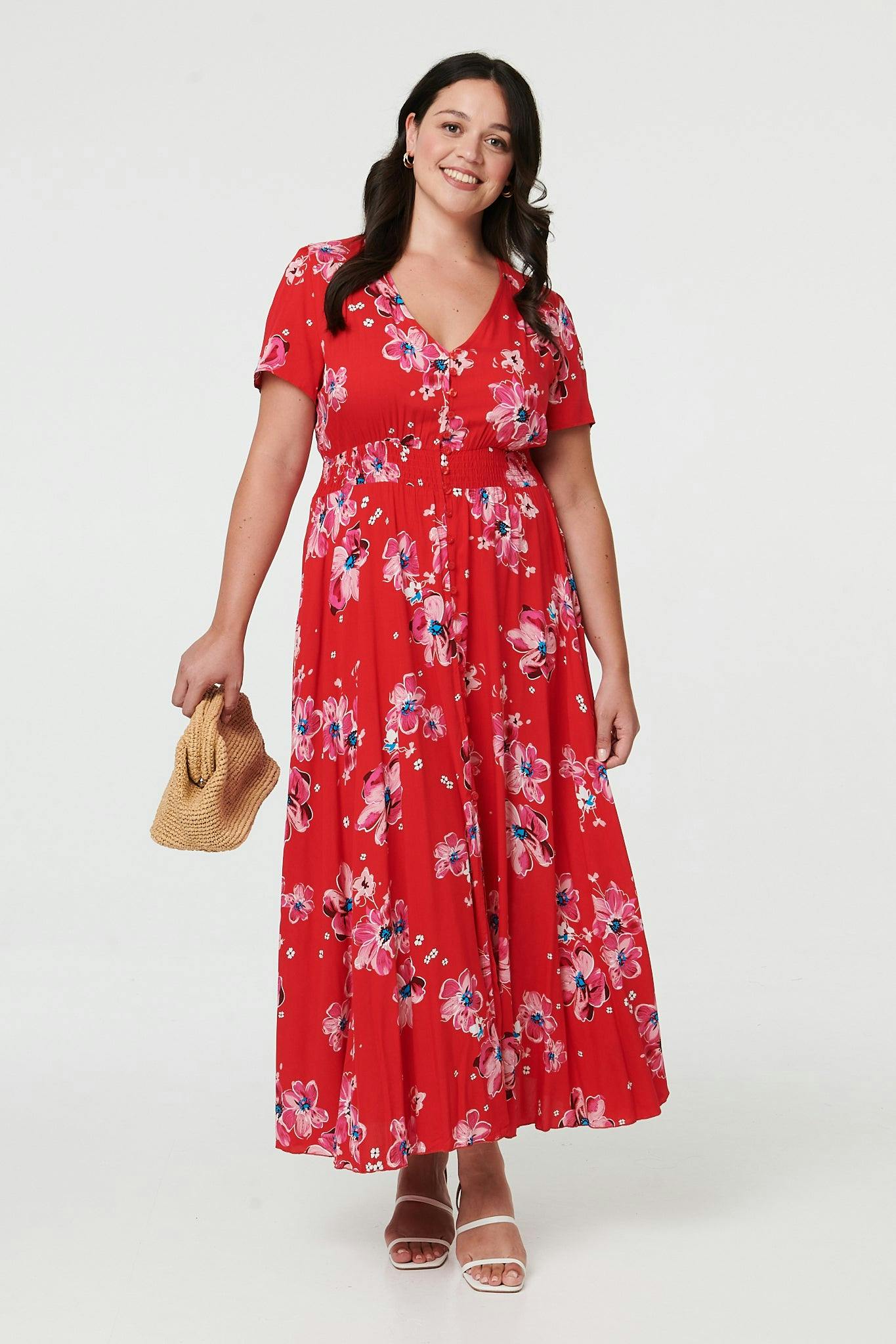 Izabel London Red Curve Floral Short Sleeve Maxi Dress - 22