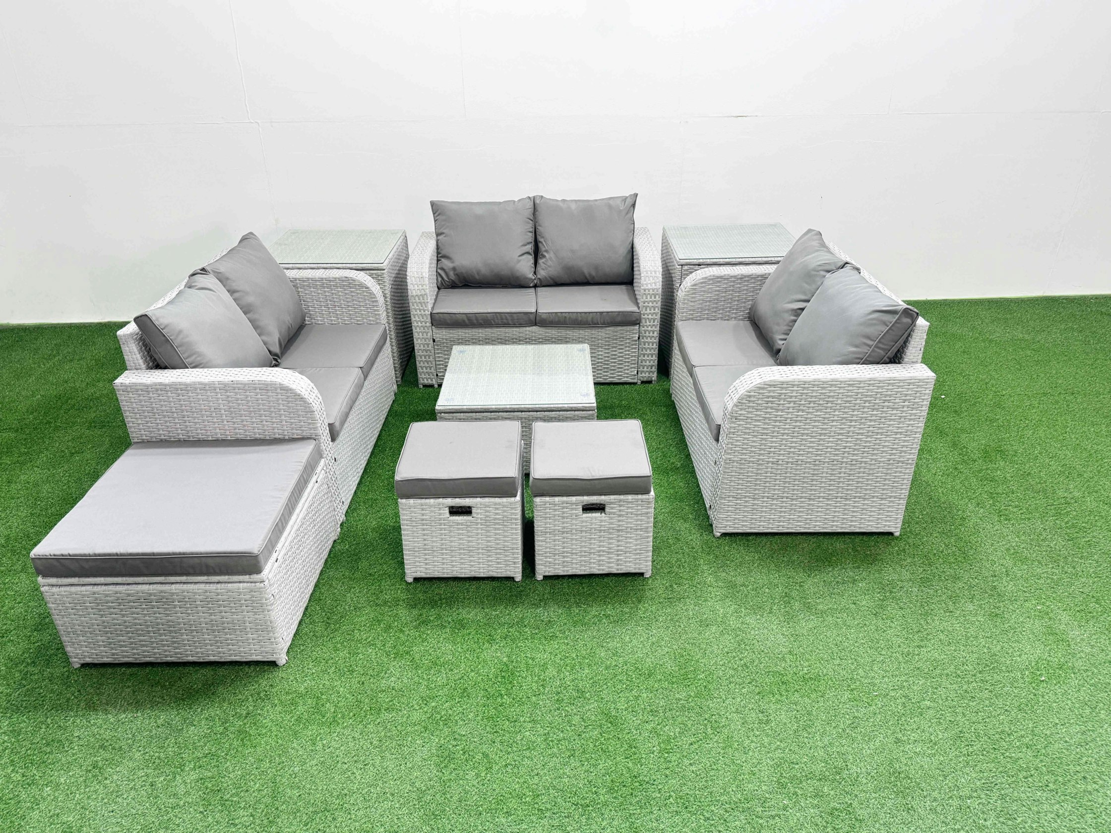 Rackhams Light/Grey 9 Seater Pe Wicker Rattan Furniture Sofa Sets With Square Coffee Table 2 Seater Love Sofa 3 Stool 2 Side Table