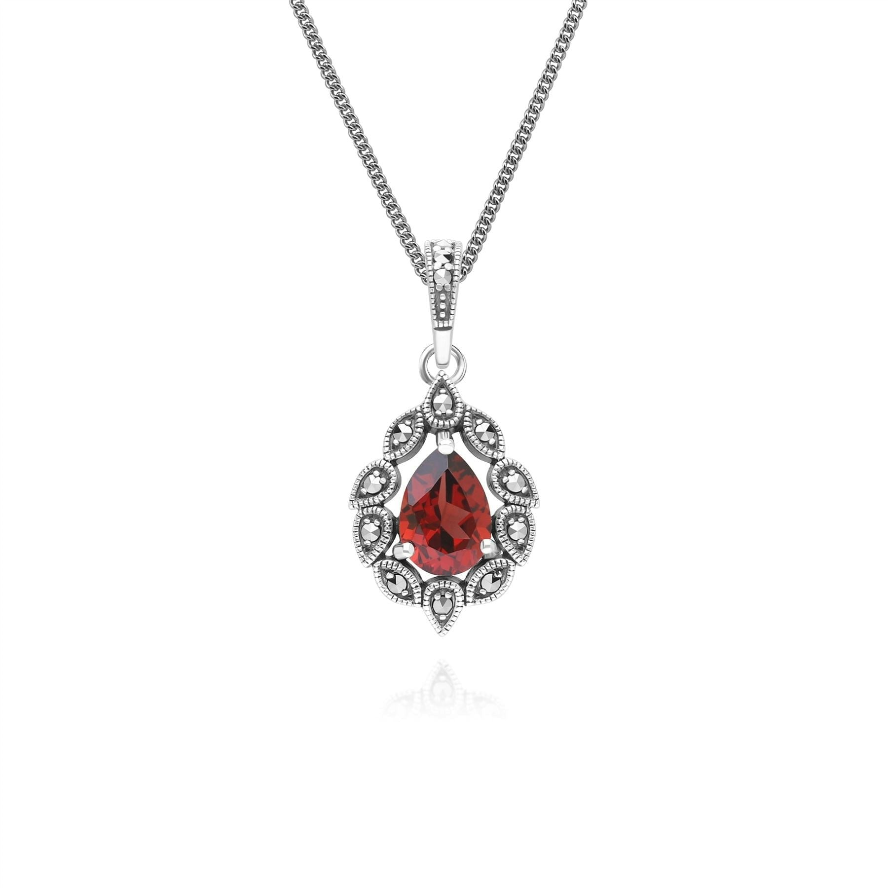 Gemondo Silver Art Deco Style Pear Garnet & Marcasite Pendant Necklace In Sterling