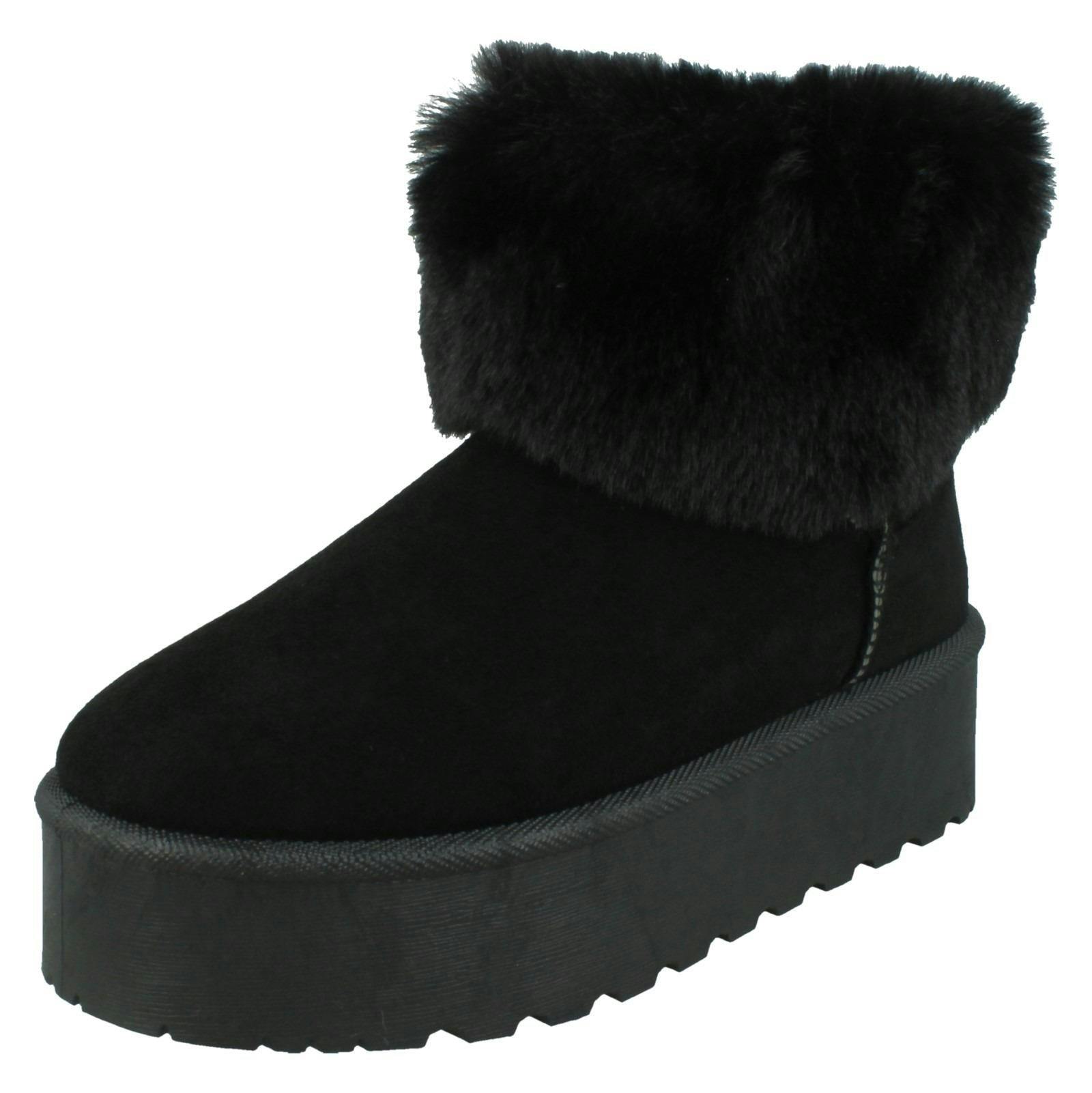 Spot On Women's Black Platform Comfy Ankle Boots With Faux Fur Collar F4463 - Uk 9