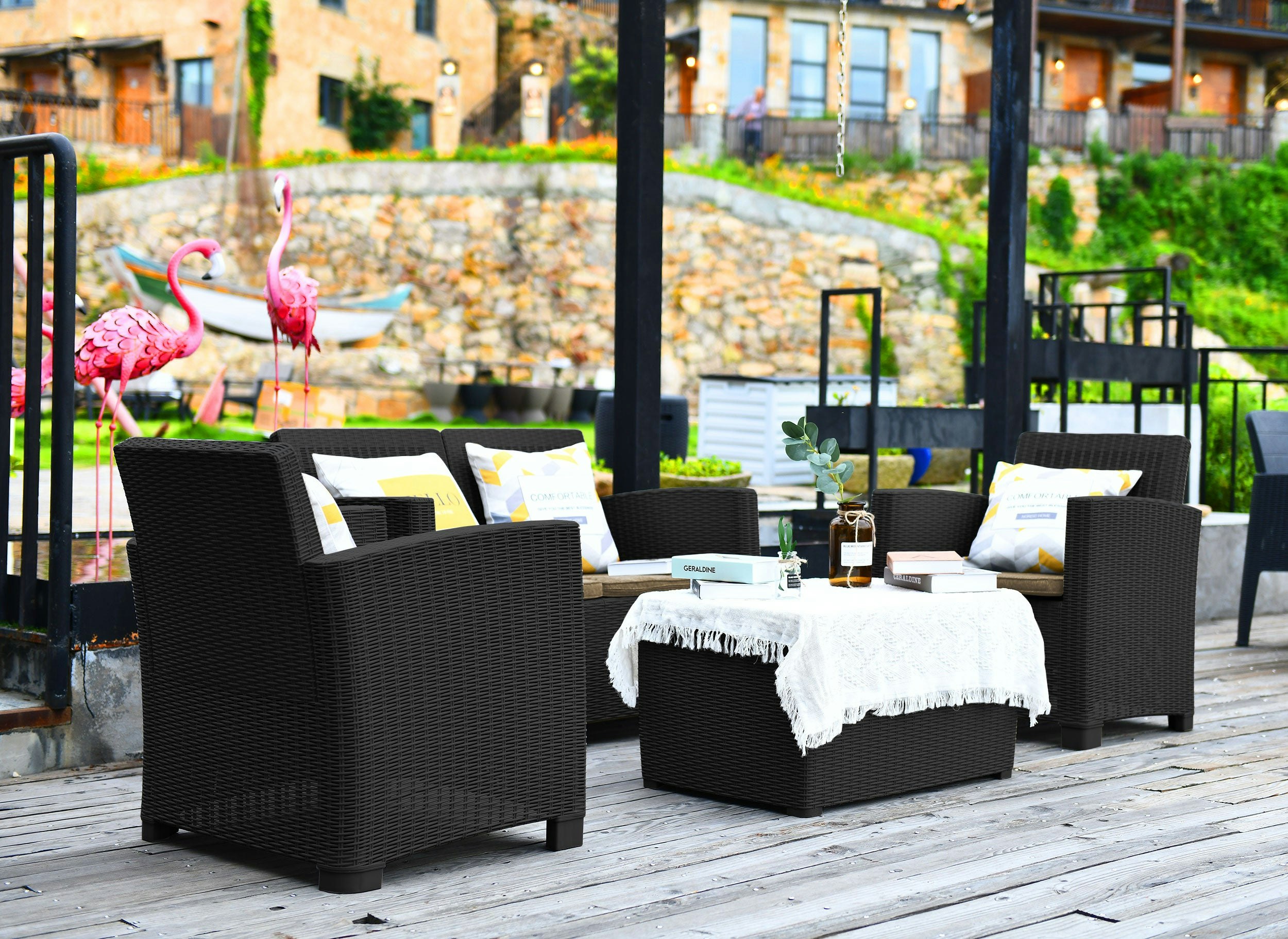 Rackhams Black Santana 4 Piece Pe Rattan 4-Seater With Cushions Garden Furniture And Coffee Table Set In