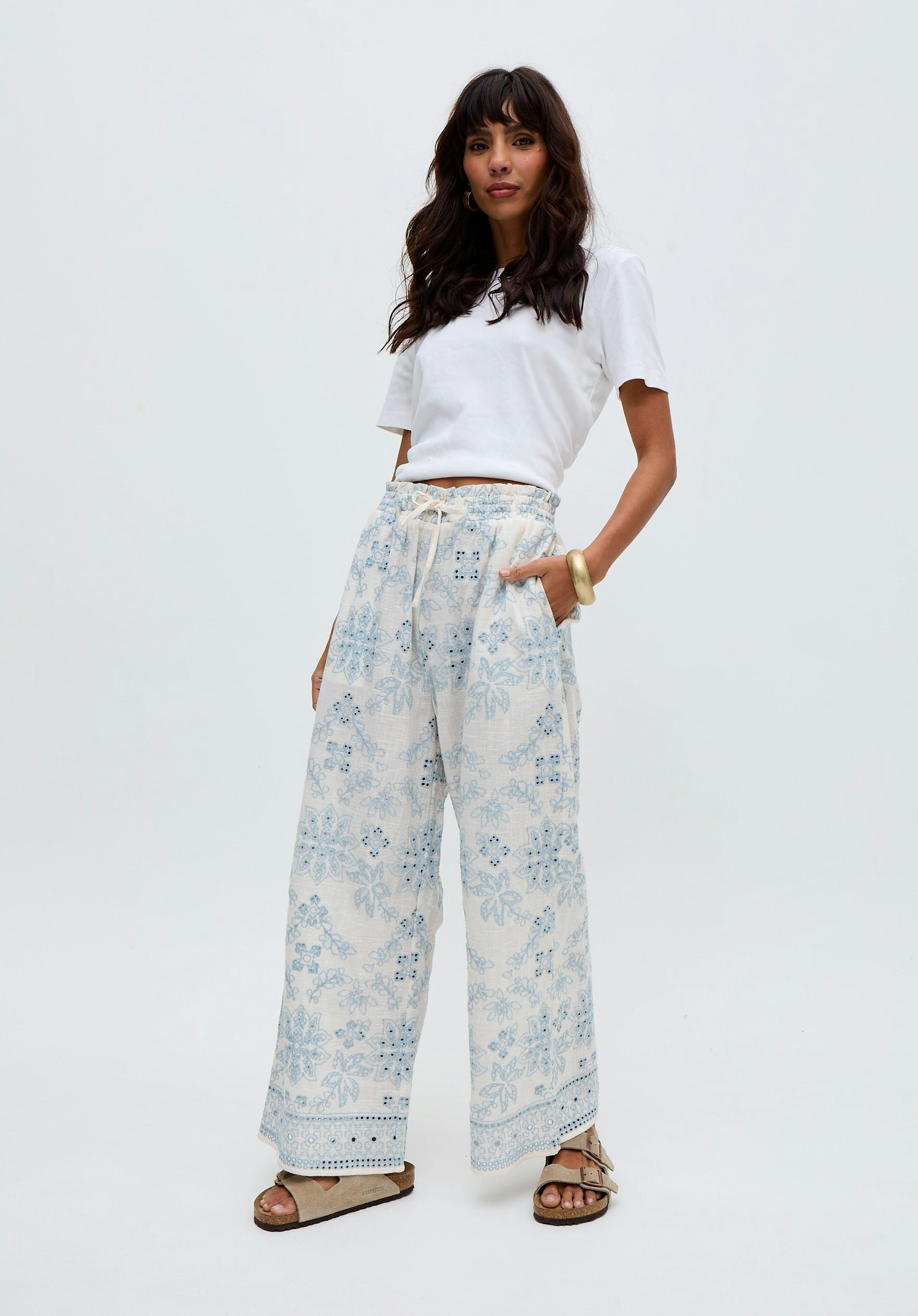 Raffya White Cherice Wide Leg All Over Embroidered Trouser In - 14