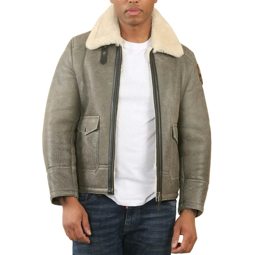 Infinity Leather Men's Grey B3 Shearling Aviator Sheepskin Jacket - 2XL