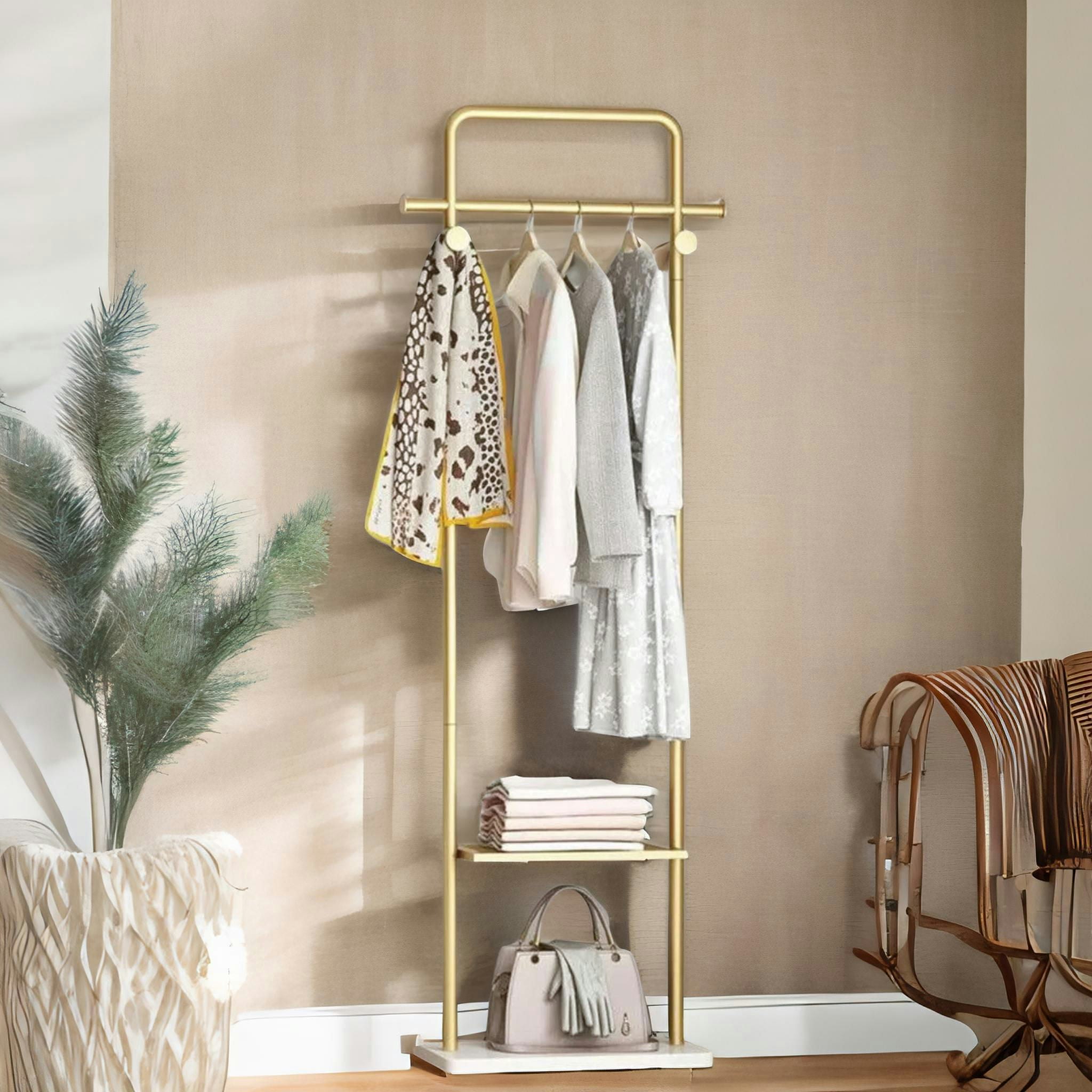 Rackhams Gold Metal Double Coat Stand With 4 Hooks And Hanging Rail