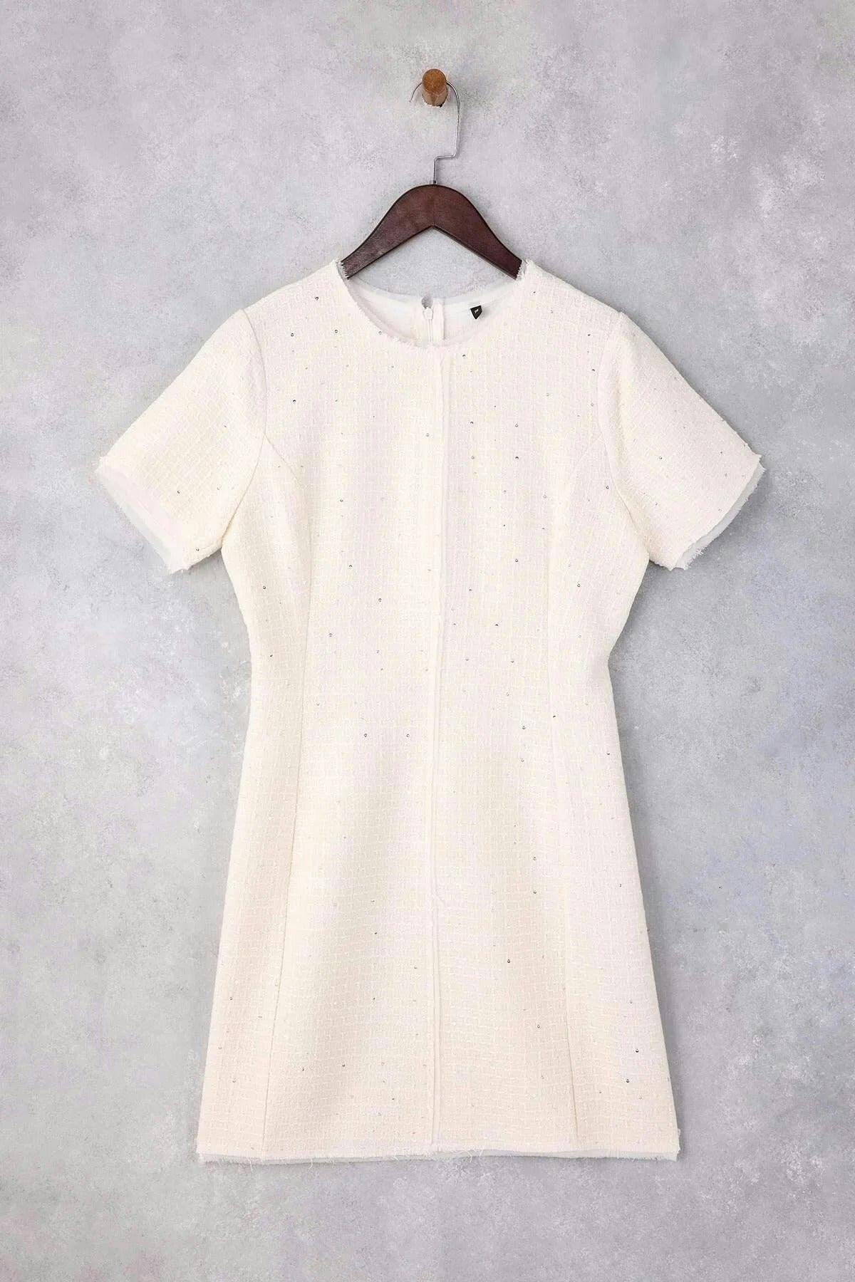 Wovcor Light Shimmering Tweed Mini Woven Dress - Ecru - 14