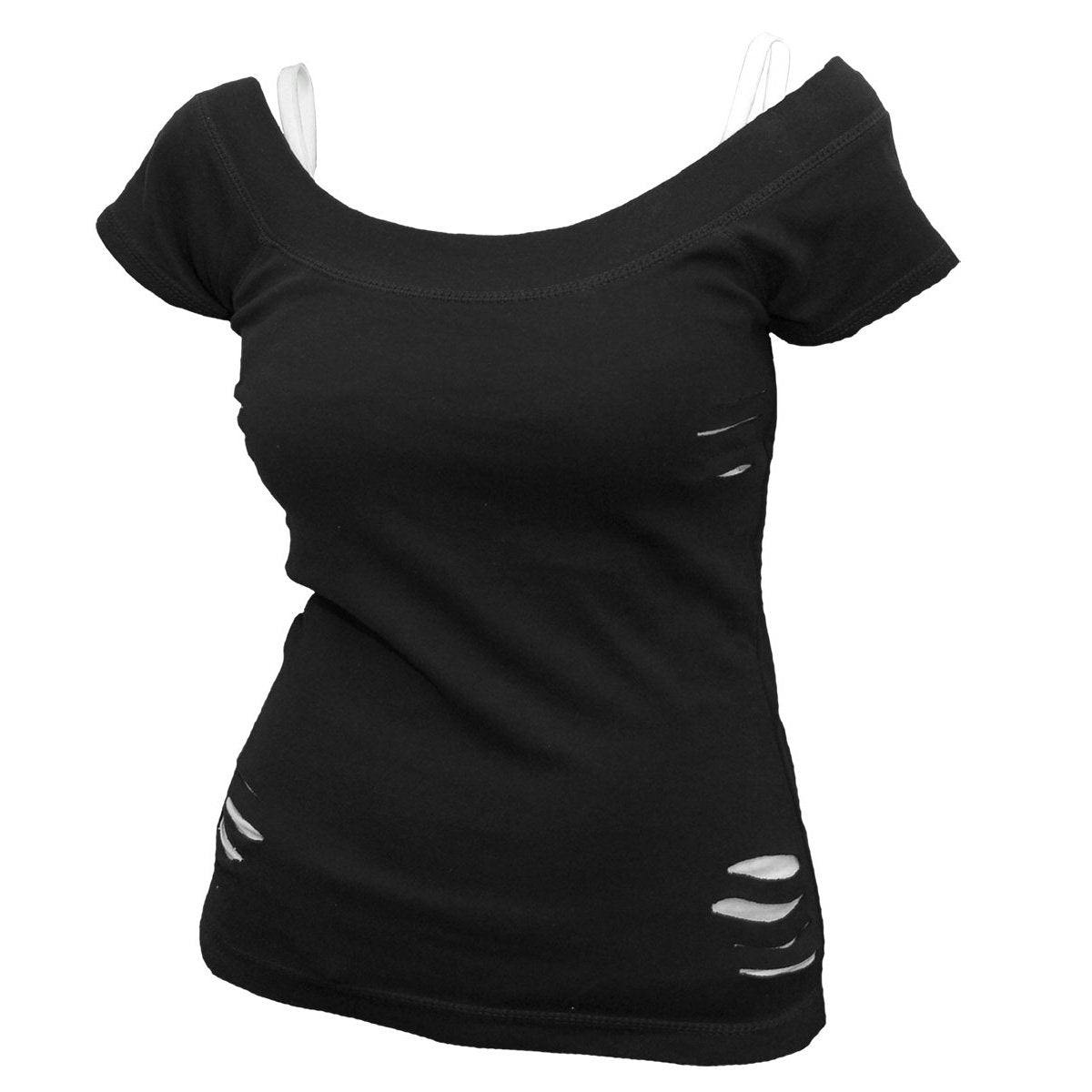Spiral Direct White/Black Urban Fashion - 2In1 Ripped Top - S - Spi - Spi