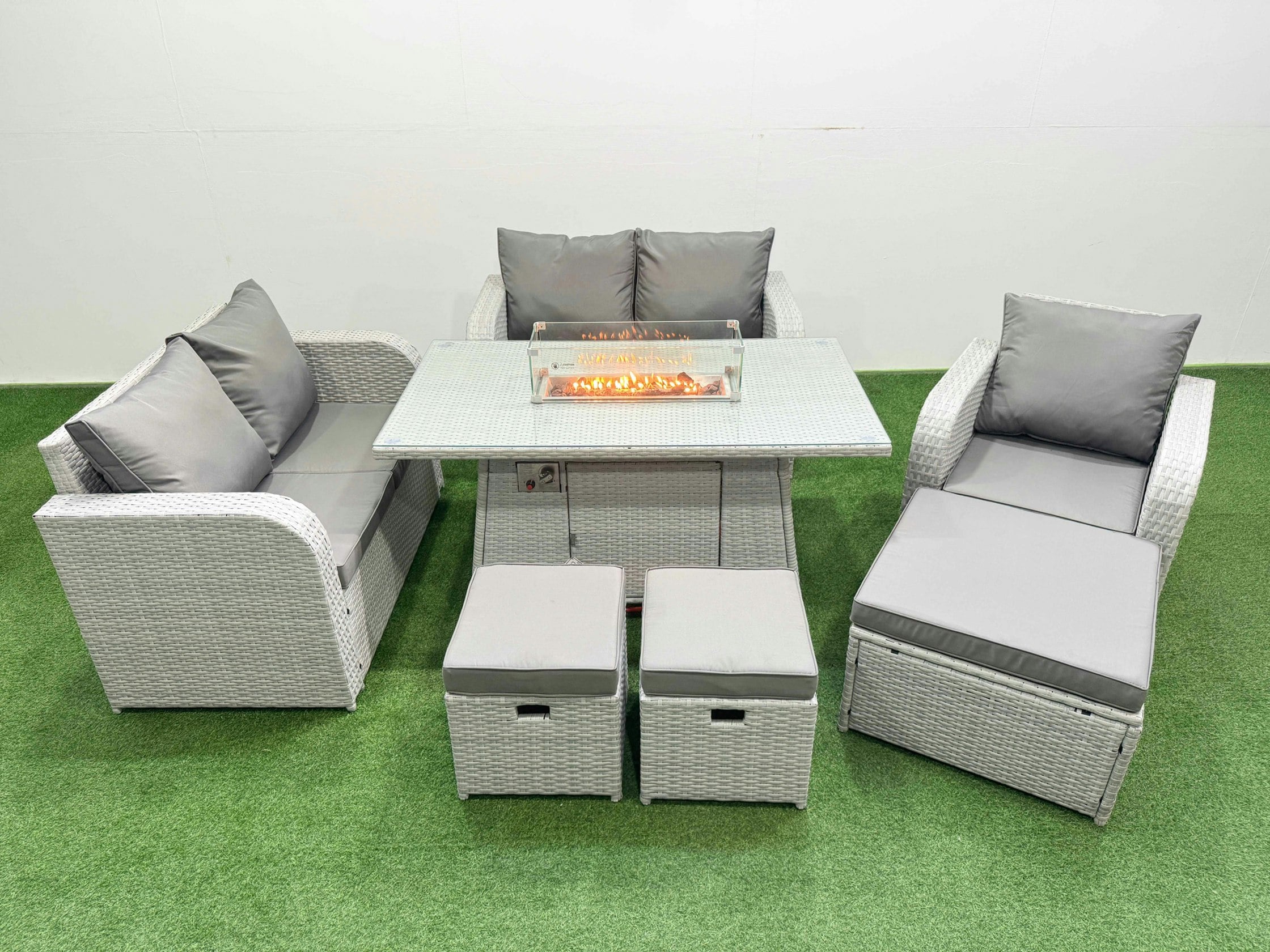 Fimous Light/Grey High Back Rattan Garden Furniture Set With Reclining Chair Loveseat Sofa Fire Pit Dining Table Indoor Outdoor 3 Stools