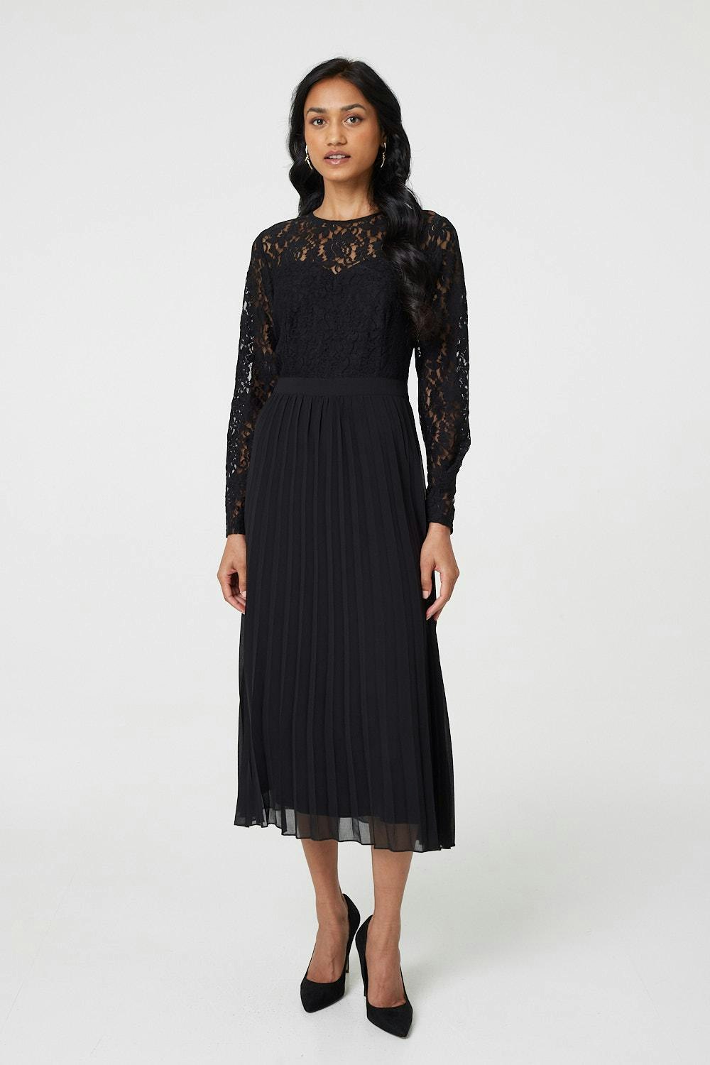 Izabel London Black Lace Trim Pleated Long Sleeve Midi Dress - Size 8