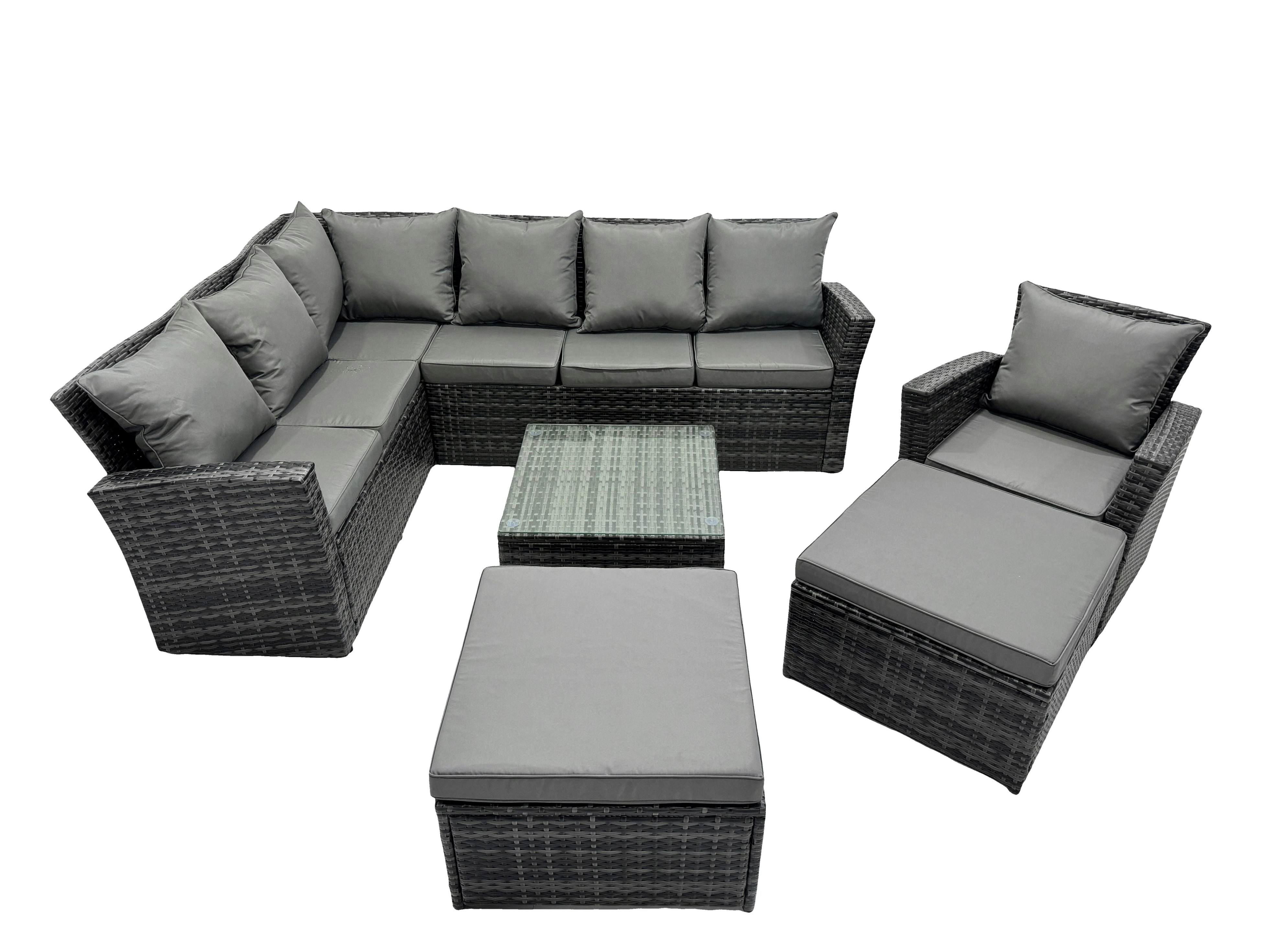 Fimous Dark/Grey 9 Seat Poly Rattan Outdoor Patio Coffee Table Corner Sofa Set With 2 Big Stool Chair For Garden Backyard Mixed