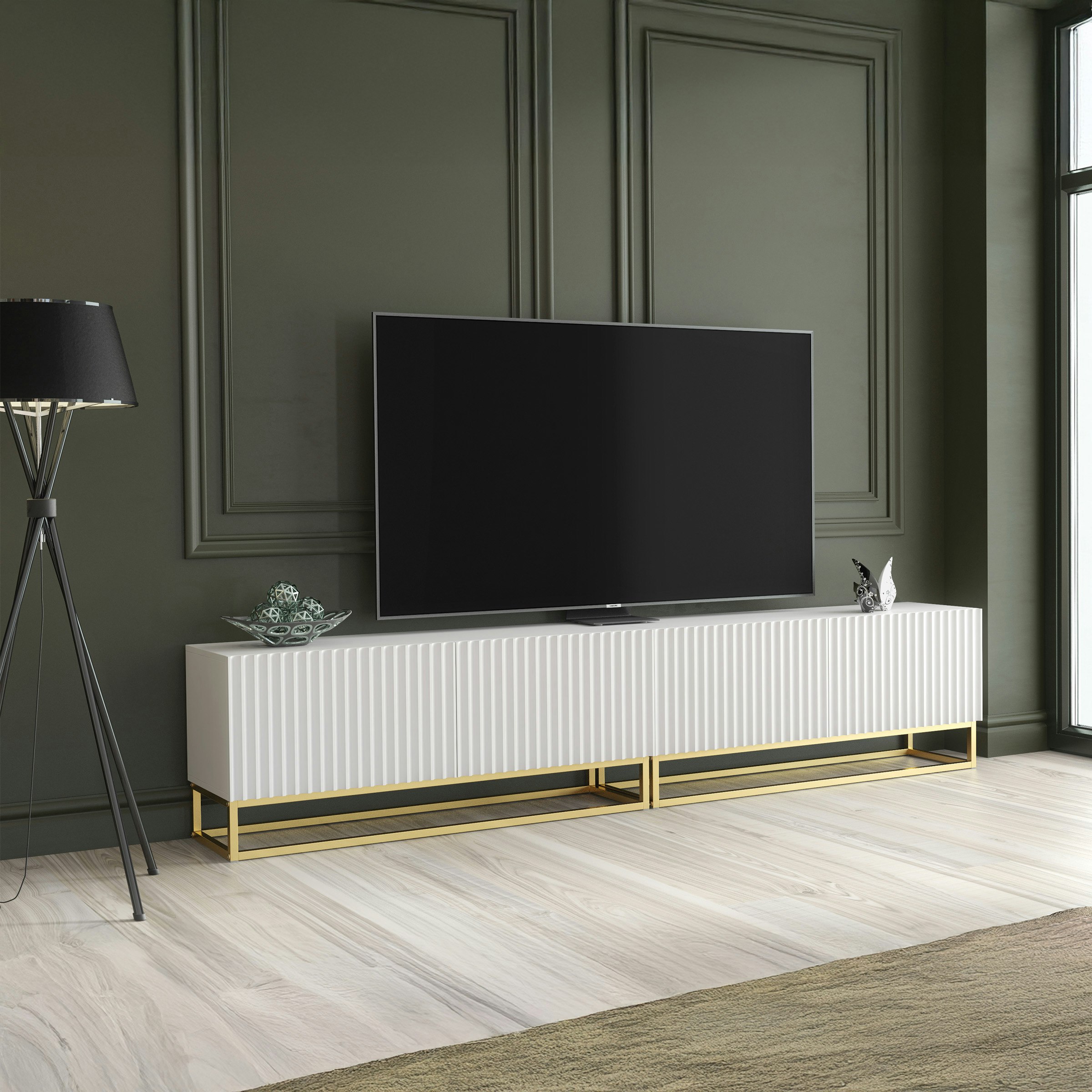 Mex Furniture White/Gold Modular Tv Unit With Base 200Cm – Fluted Fronts & Push-Down Doors - 200Cm - 1 - Mdf/Chipboard