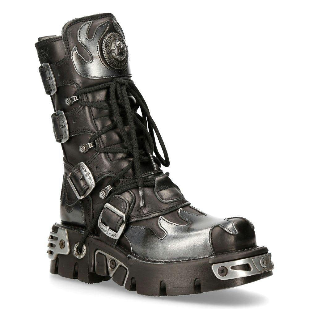 New Rock Black/Silver Flame Accented Leather Boots-591-S2 - Uk 6 | Eu 39 | Us 8.5