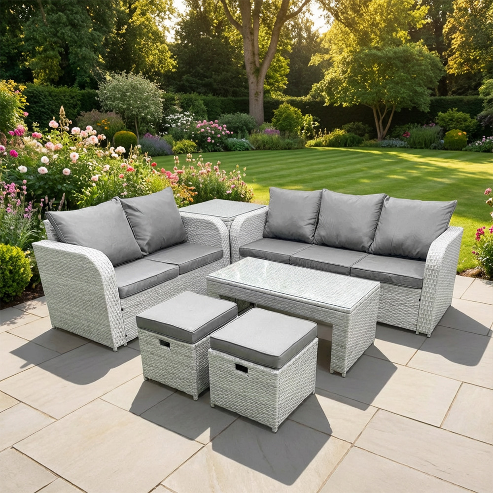 Rackhams Light/Grey 7 Seater Rattan Garden Furniture Set With Coffee Table, 3 Seater Sofa, Love Sofa, 2 Stools & Side Table
