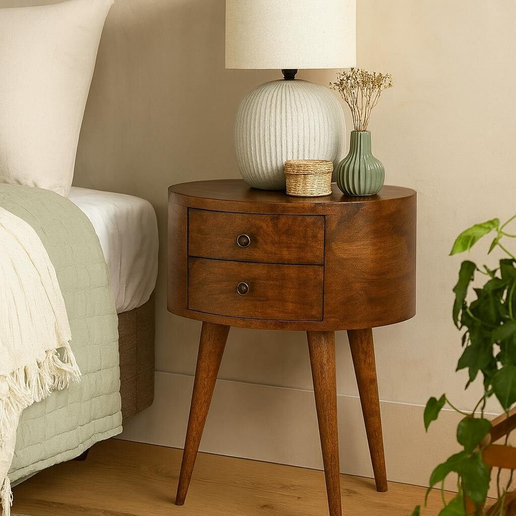 Wyld Haus Brescia Chestnut Mango Wood Oval Bedside Table 2 Drawers
