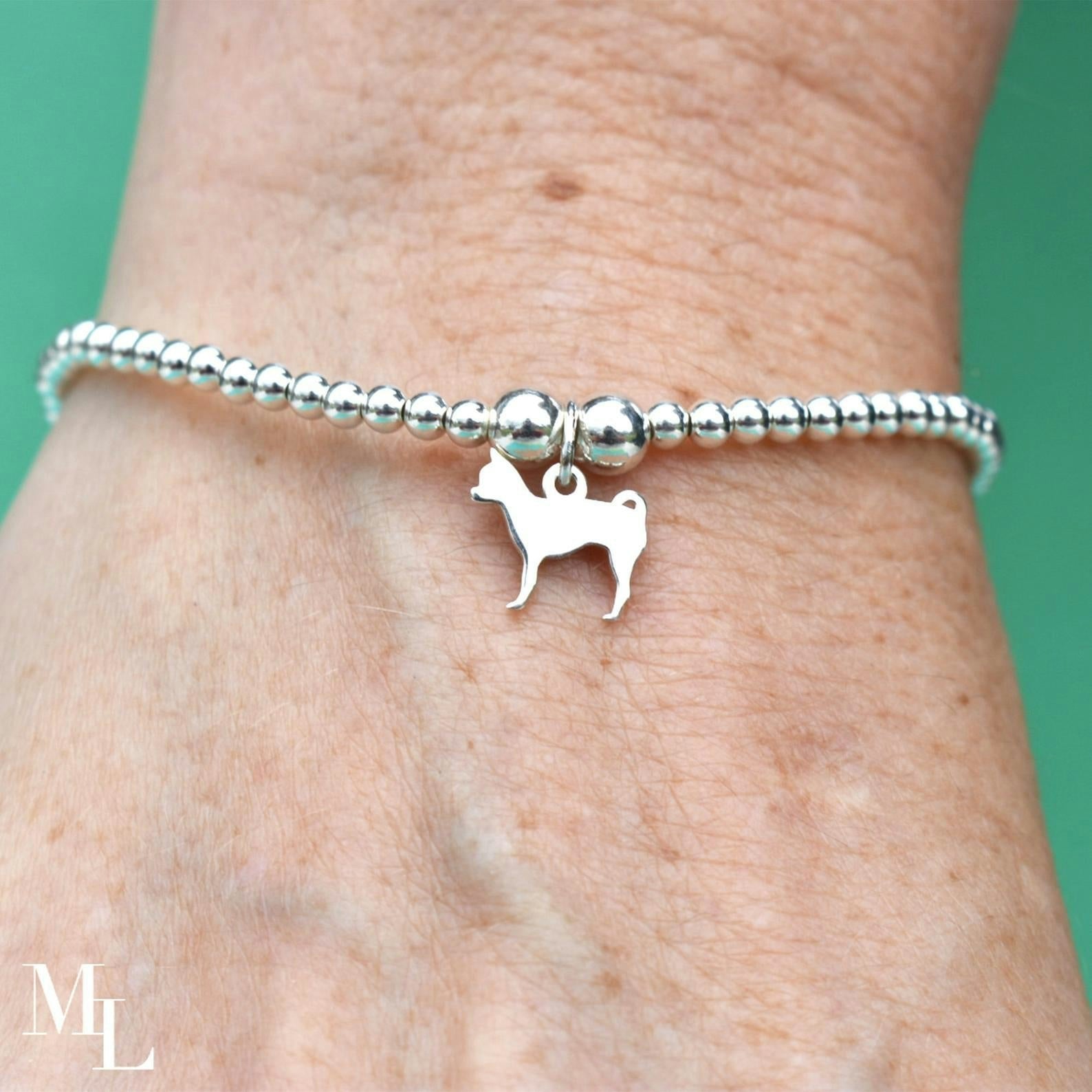 Mylee London Silver Chihuahua Silhouette Ball Bead Bracelet - Personalised - No - S - 16Cm