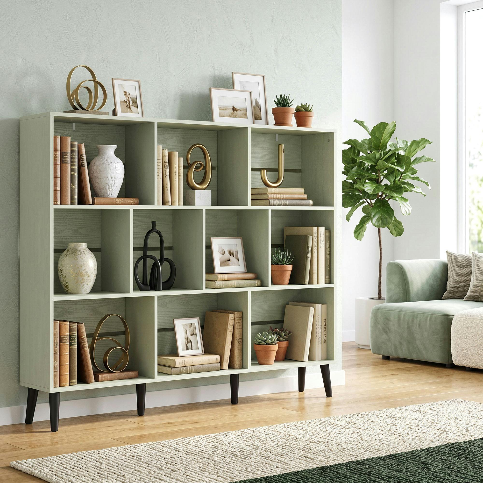 Rackhams Light/Green Bookshelf With 10 Cubbies, Book Shelf With Wood Legs