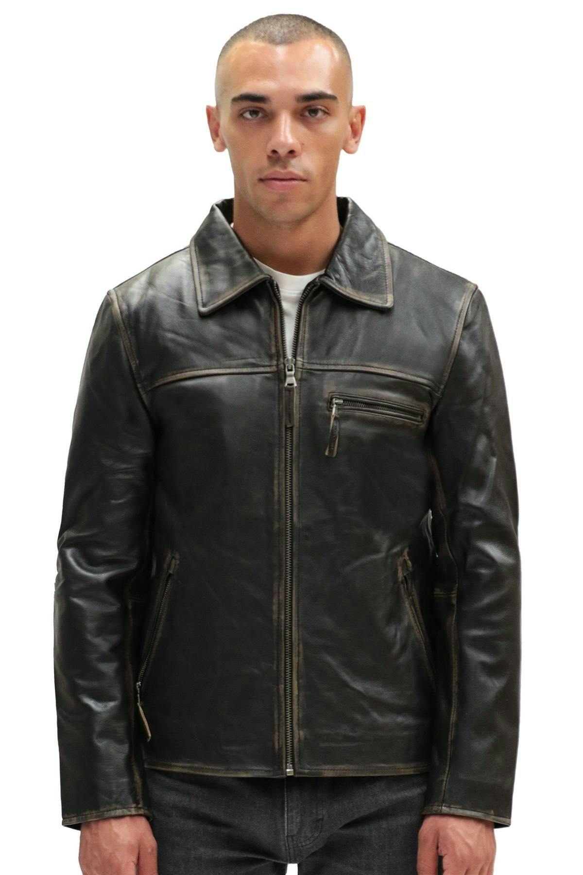 Infinity Leather Men's Black Harrington Cow Hide Leather Jacket-Lima - Vintage - Uk 3XL | Eu 56 | Us 46