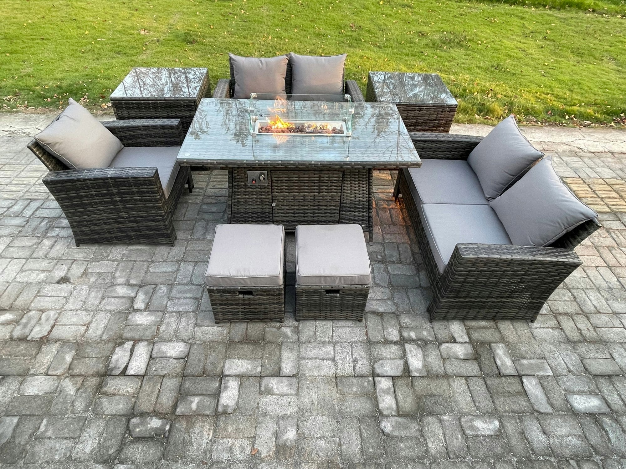 Fimous Dark/Grey 7-Seater Rattan Outdoor Gas Fire Pit Set | Gas Heater, Loveseat, Armchair, 2 Footstools, 2 Side Tables |