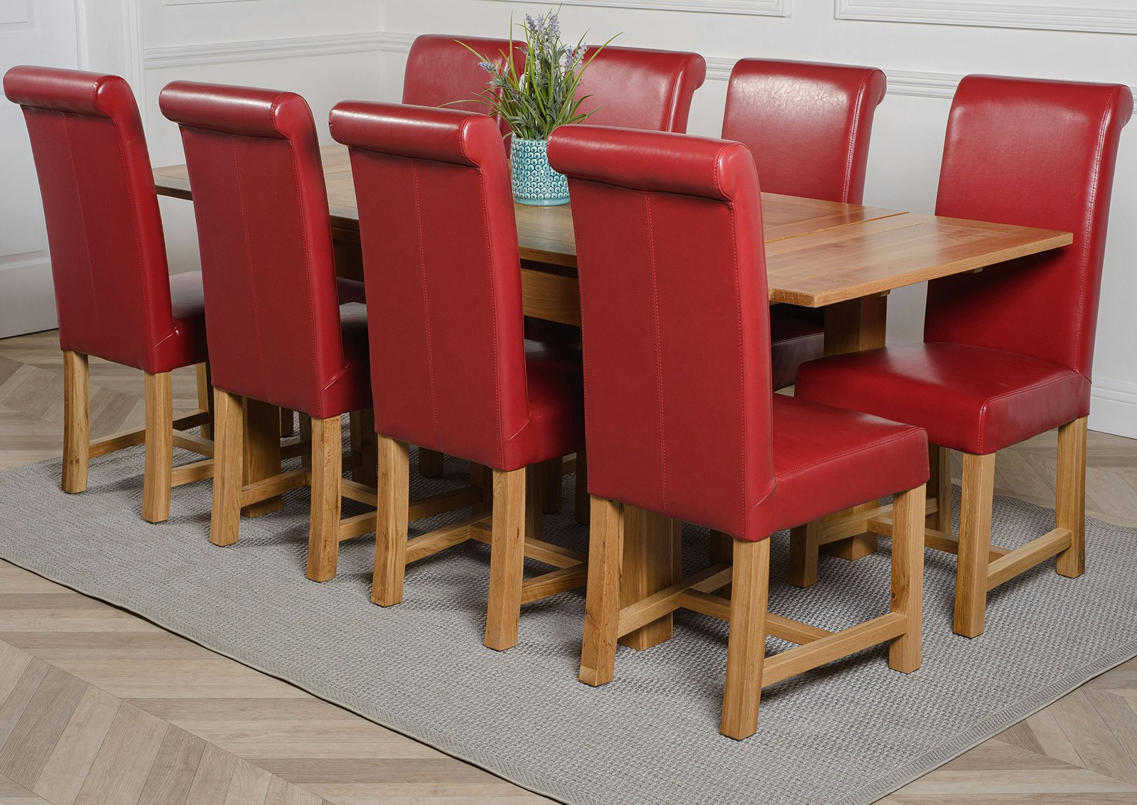 Rackhams Burgundy Richmond Medium Oak Extendable Dining Table With Washington Leather Chairs - 8 Chairs
