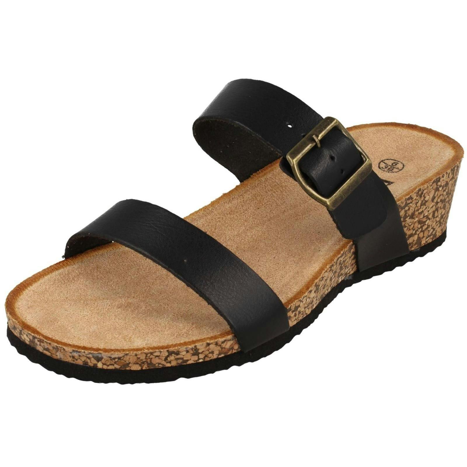 Down To Earth Women's Black Mid Wedge Mule Sandals F12087 - Uk 6
