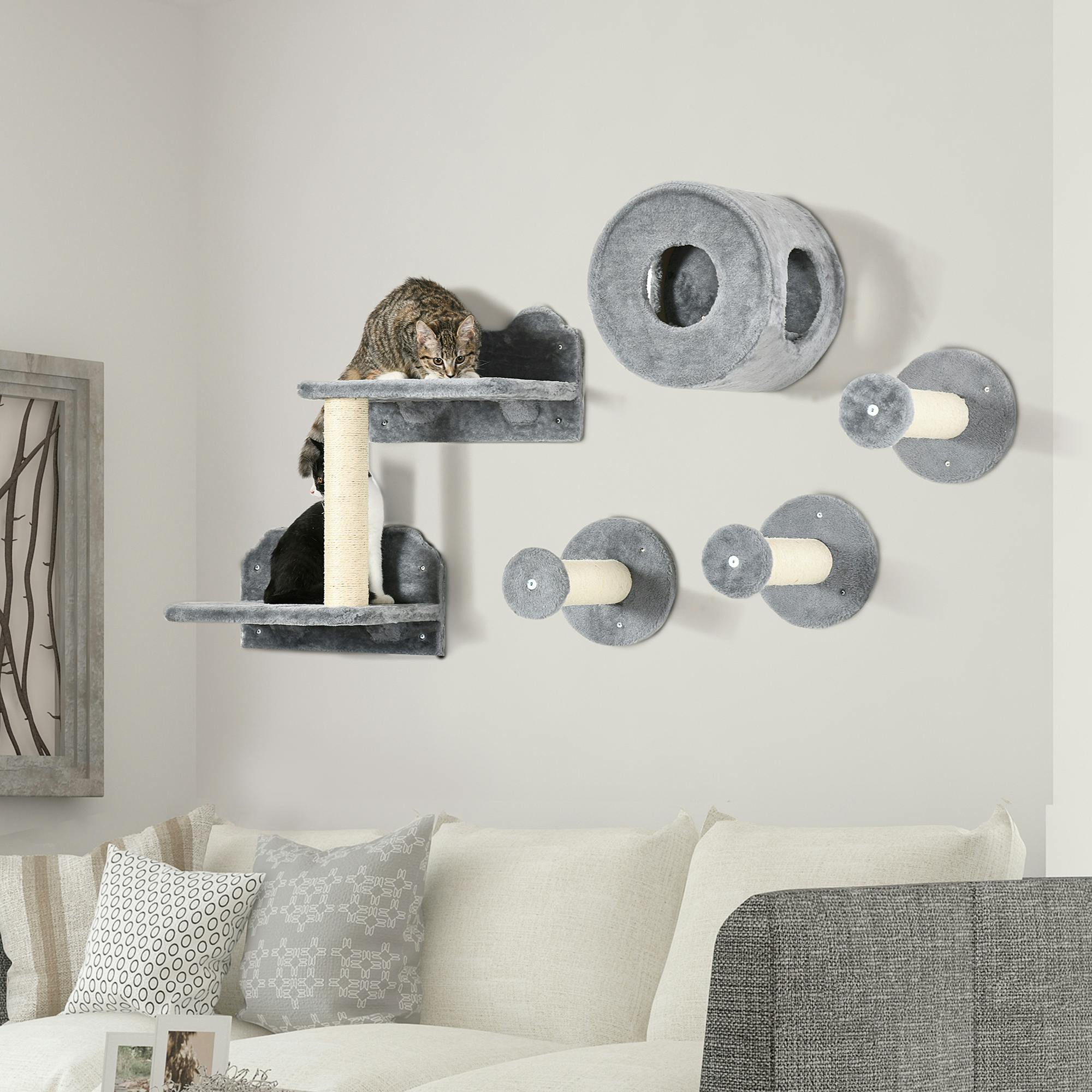 Pawhut Grey 5 Pc Wall-Mounted Cat Tree Furniture Perch House Scratching Post
