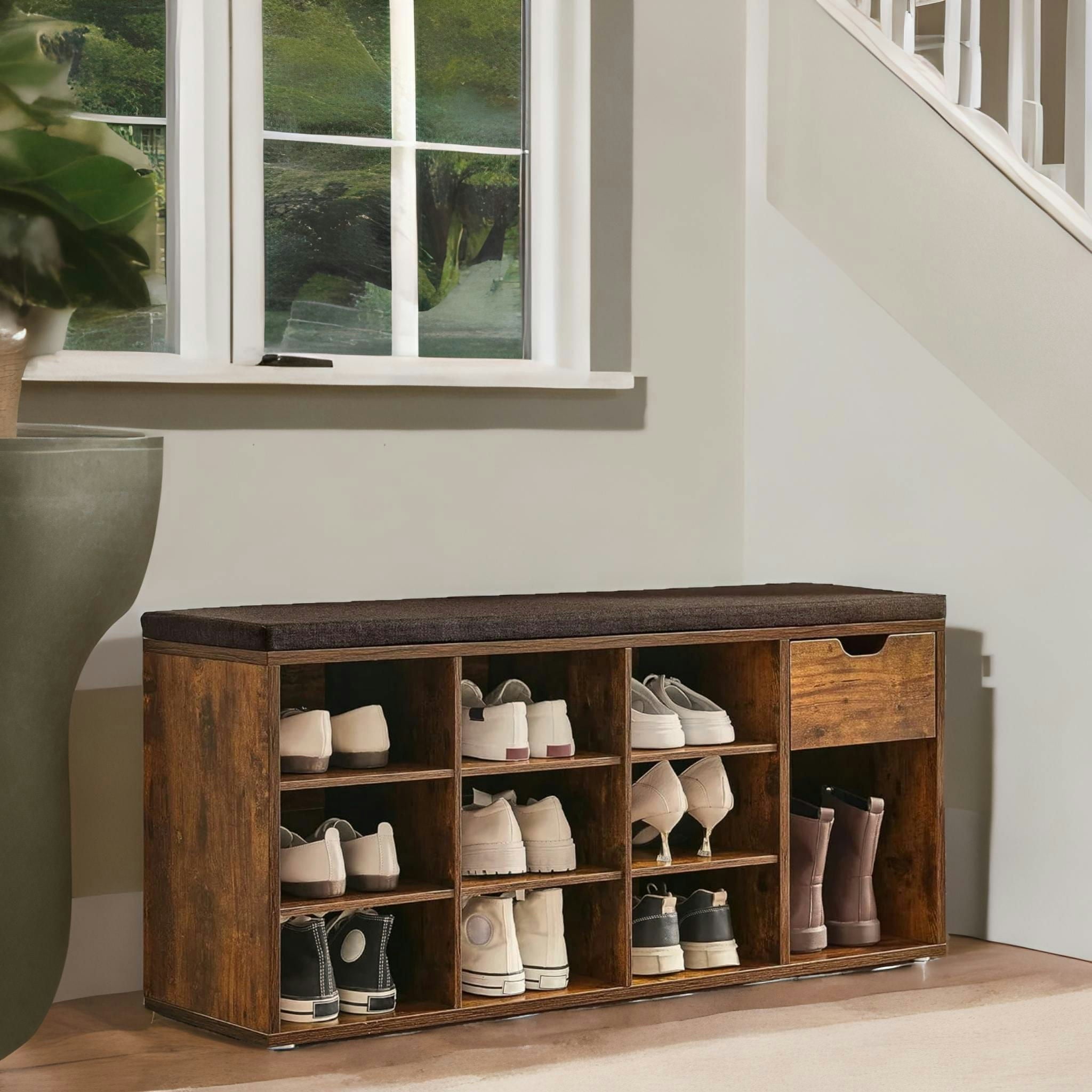 Rackhams Brown 10 Compartment Shoe Storage Bench Industrial Rustic