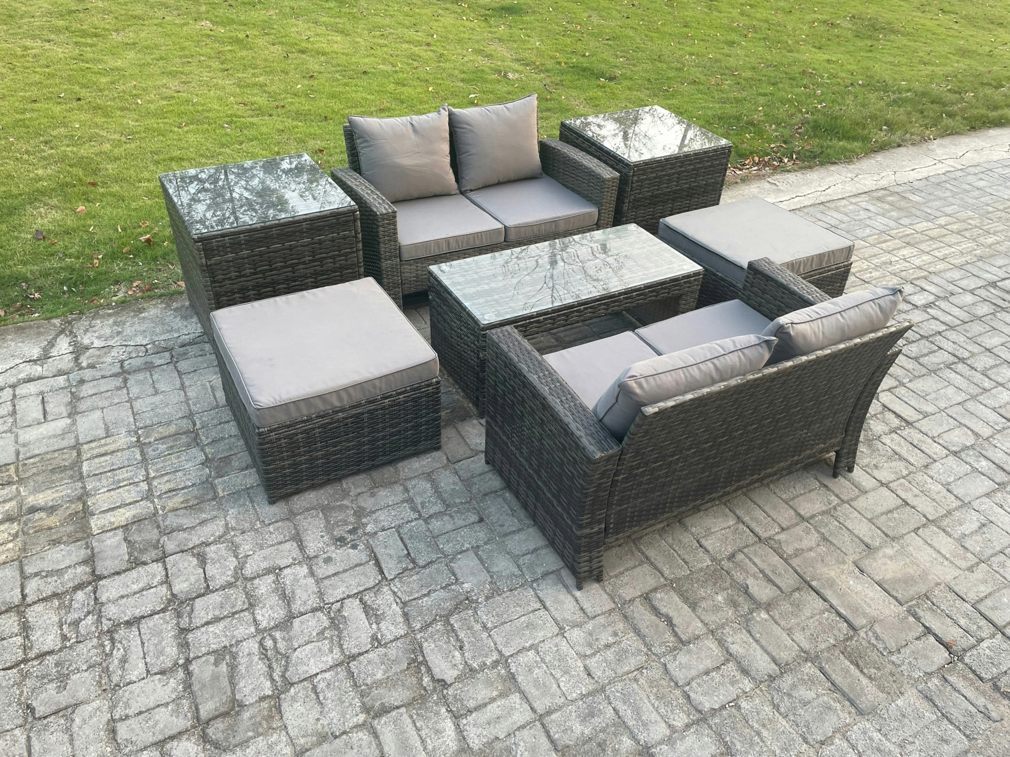 Rackhams Dark/Grey High Back Rattan Garden Furniture Sofa Sets With Rectangular Coffee Table 2 Side Tables 2 Big Footstool Mixed