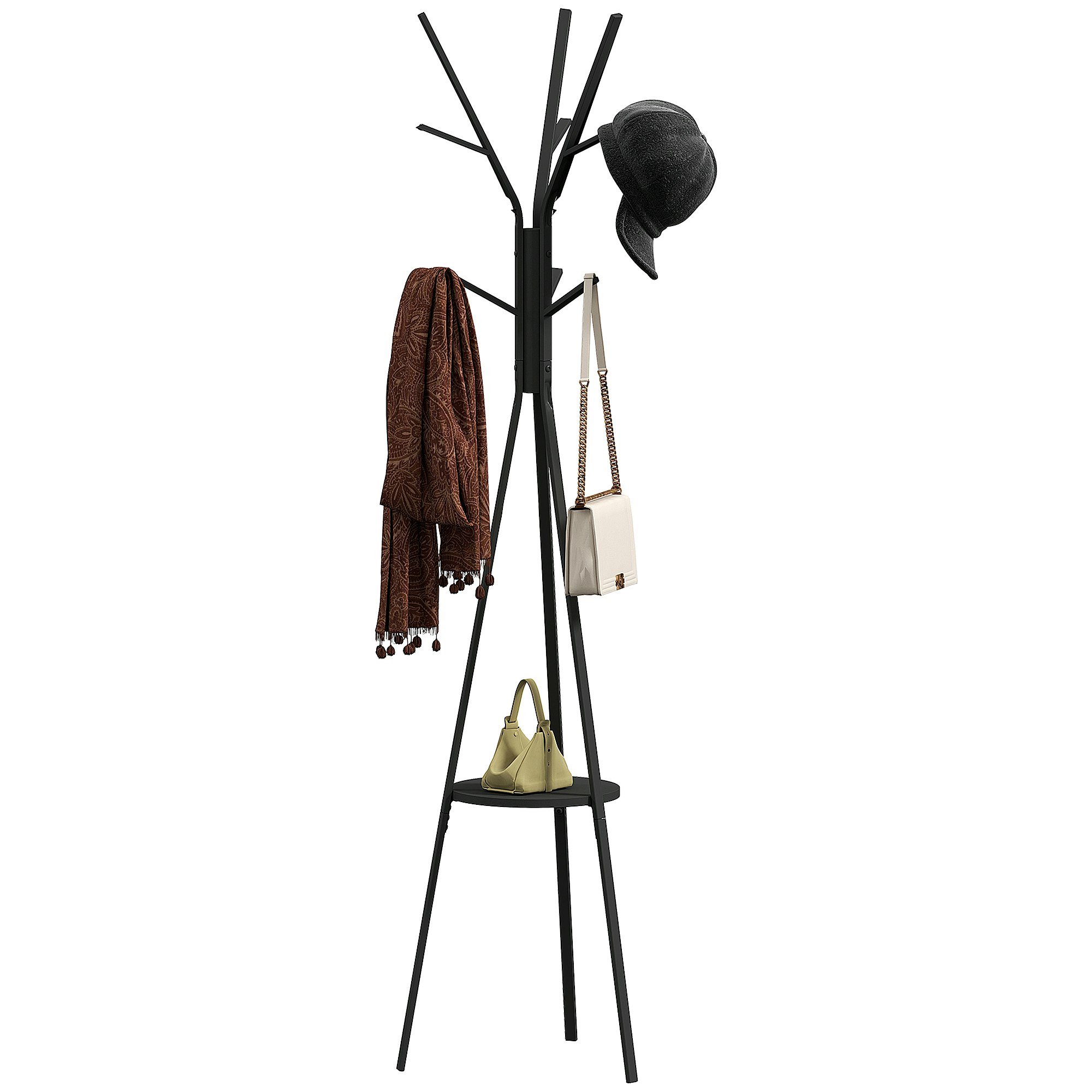 Homcom Black Free Standing Coat Rack Metal Shelf Holder Stand Hat Hanger 180Cm