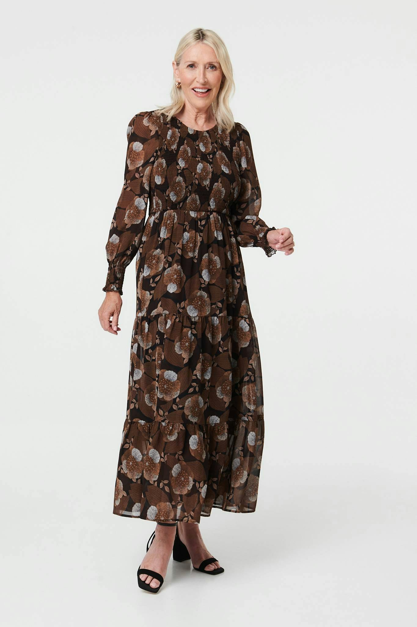 Izabel London Brown Printed Long Balloon Sleeve Maxi Dress - 12