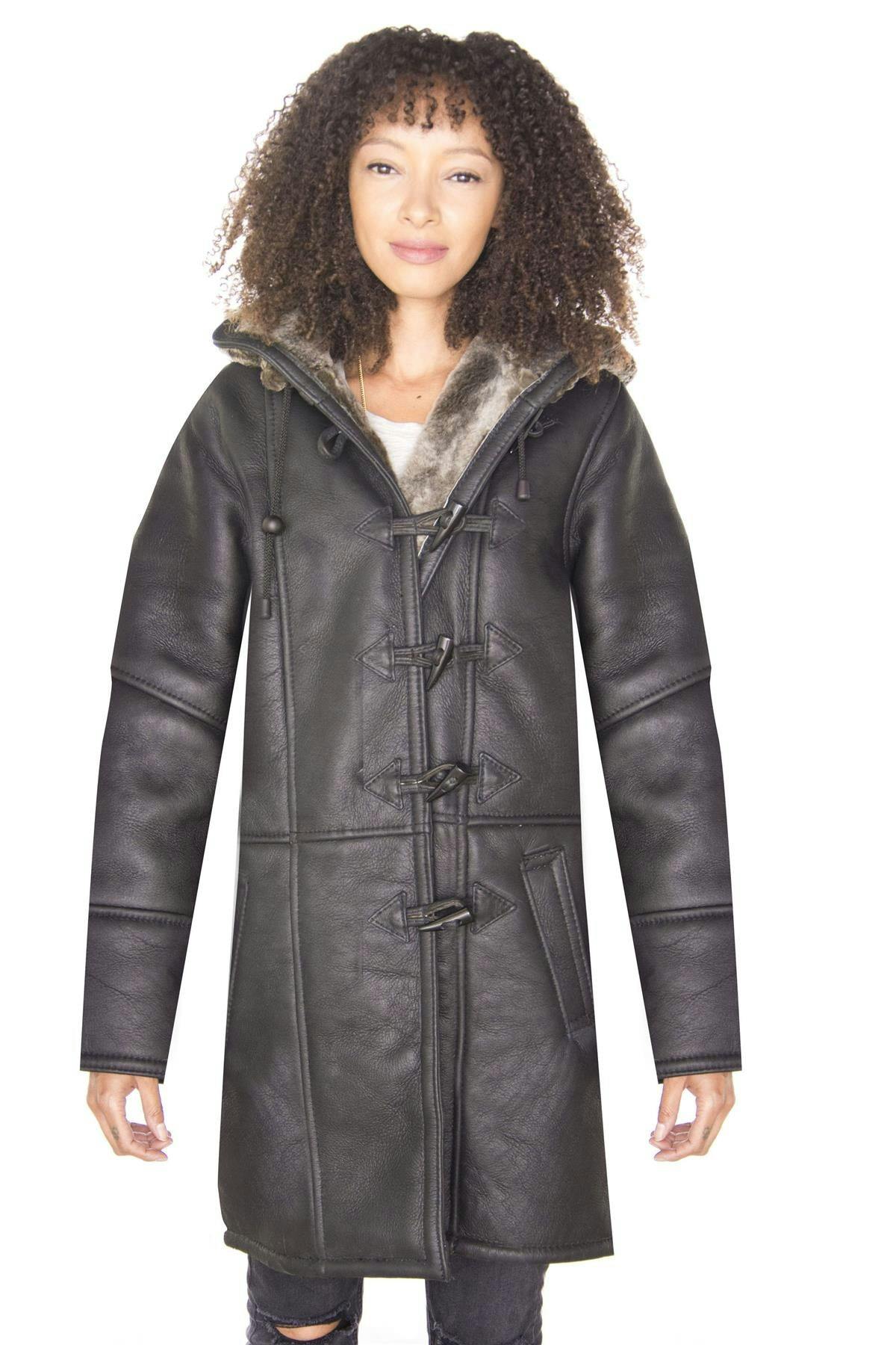 Infinity Leather Women's Black Shearling Hooded Duffle Coat-Royston - 4XL