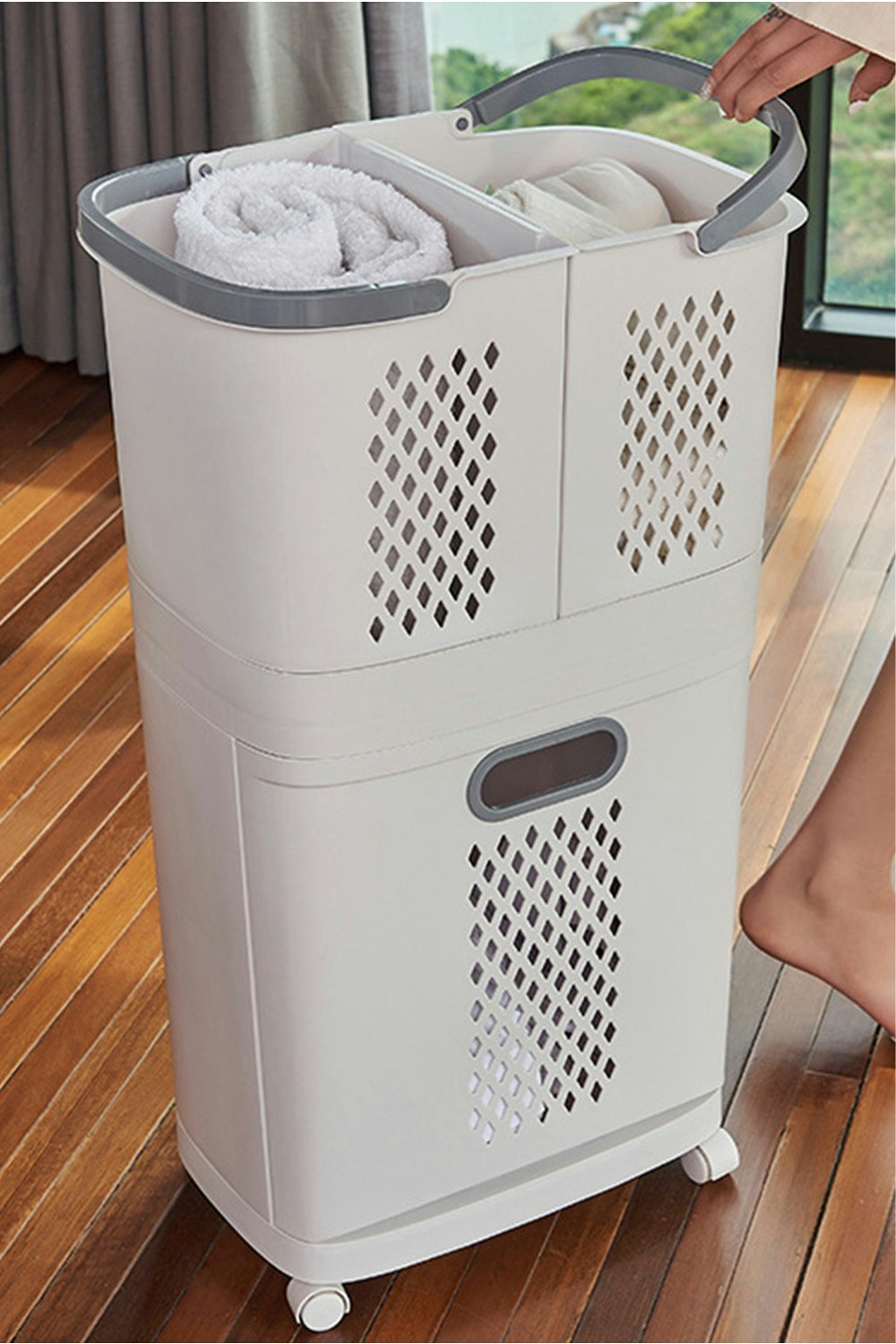 Rackhams White 3 Compartment Laundry Baskets Laundry Sorter Rolling Laundry Hamper