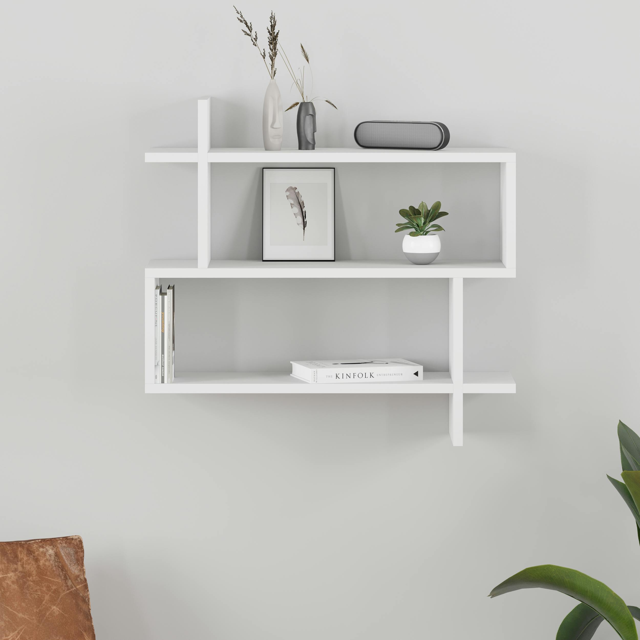 Decortie White Paralel Wall Mounted Modern Bookcase Display Unit 2-Tier Sleek Design 70X22x66 Cm