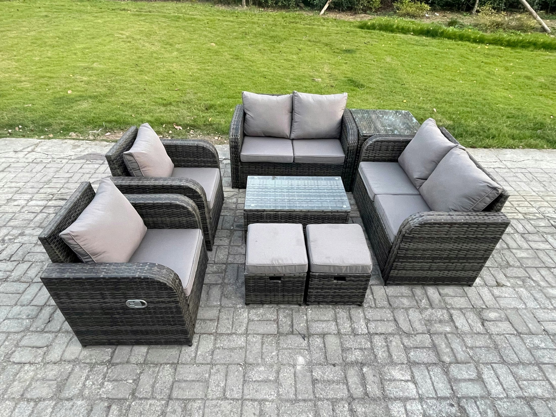 Fimous Dark/Grey 8 Seater Mixed Rattan Outdoor Lounge Set - Rectangular Coffee Table, 2 Small Footstools & Loveseat