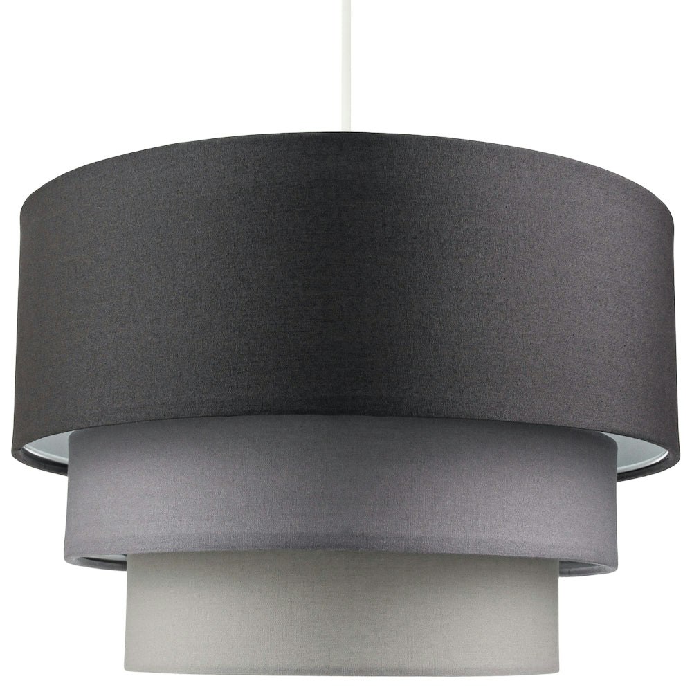 Happy Homewares Grey/Light Contemporary Round Triple Tier Soft Cotton Fabric Pendant Shade 20Cm