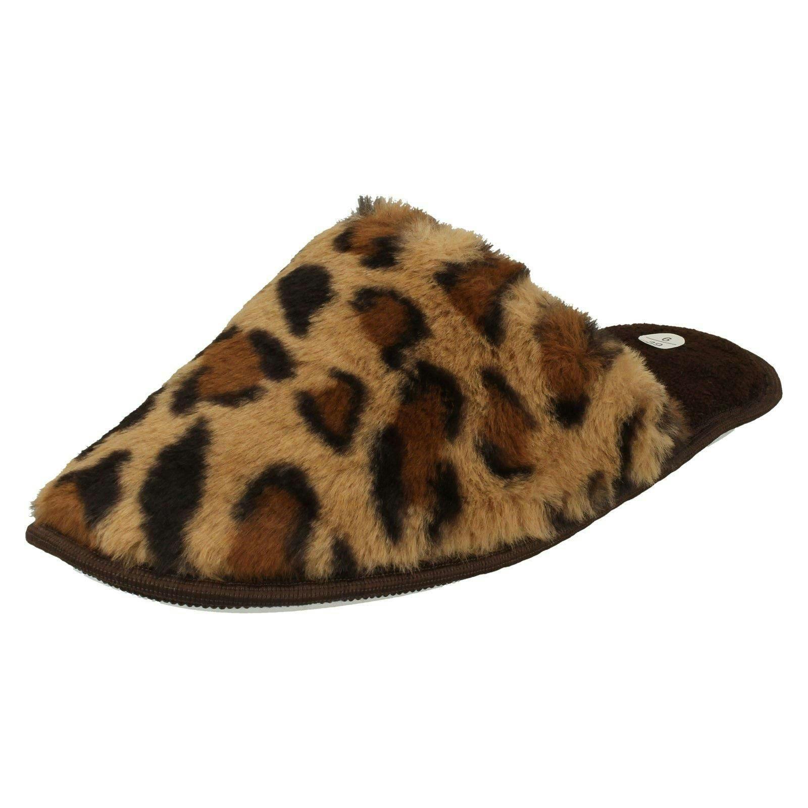 Spot On Women's Leopard Detailed Mule Slippers X2114 - Tan Leopard - Uk 6