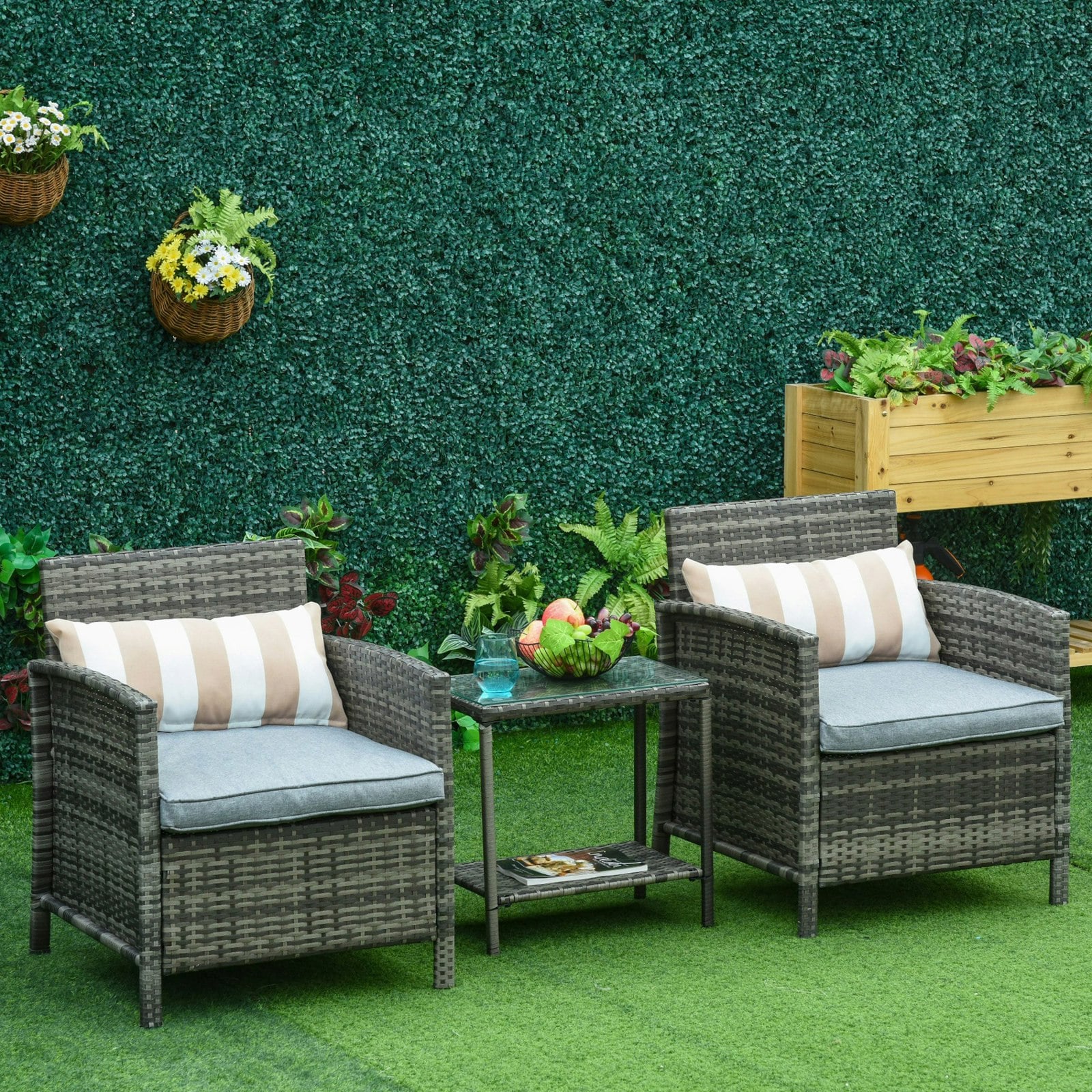 Rackhams Grey 3 Pc Outdoor Rattan Set With 2 Chairs, Coffee Table, Cushions - Steel, Pe Rattan, Polyester, Tempered Glass - 63Cm X 68Cm X 78Cm