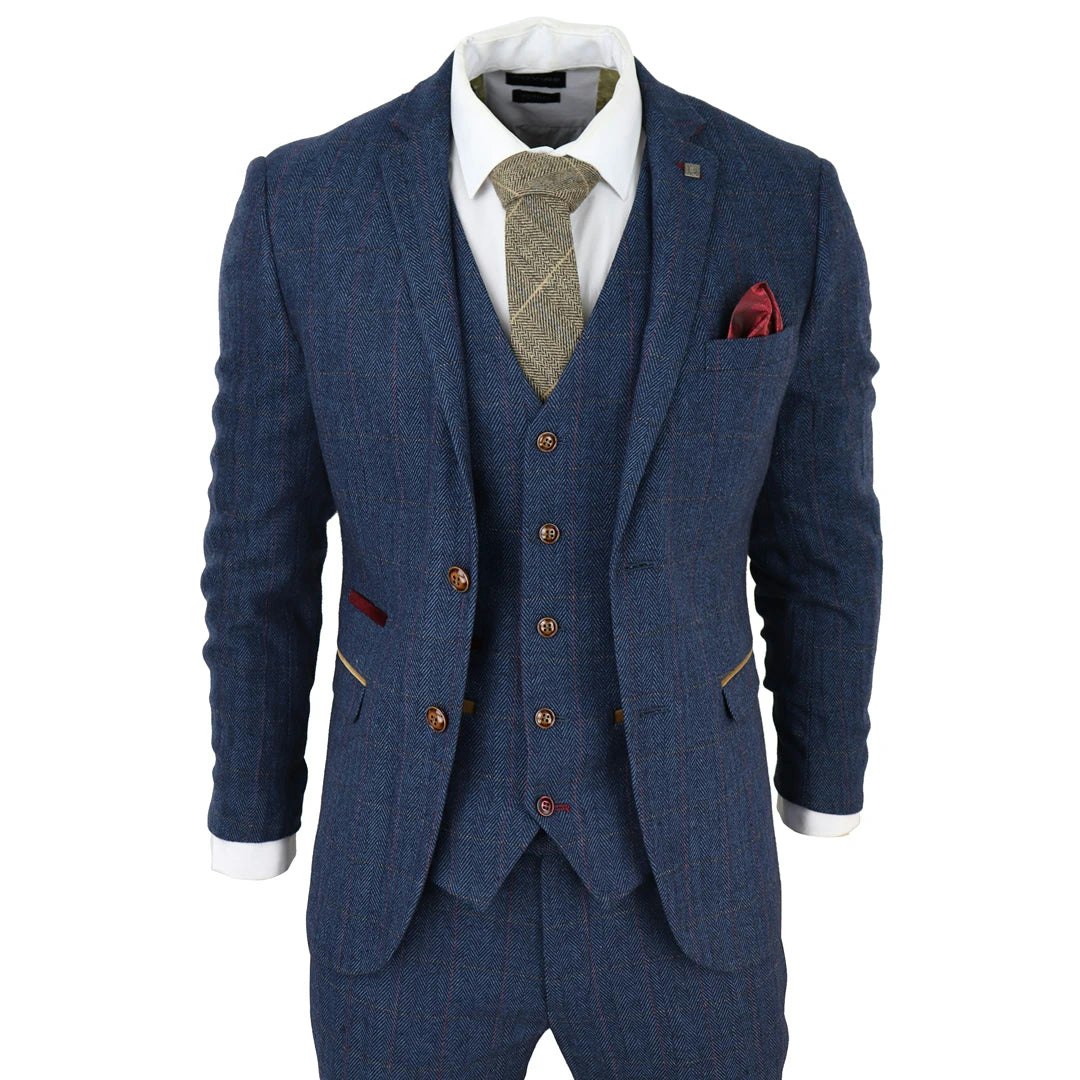 Paul Andrew Men's Blue Scott - 3 Piece Tweed Check Suit - 50" Jacket 44" Trousers