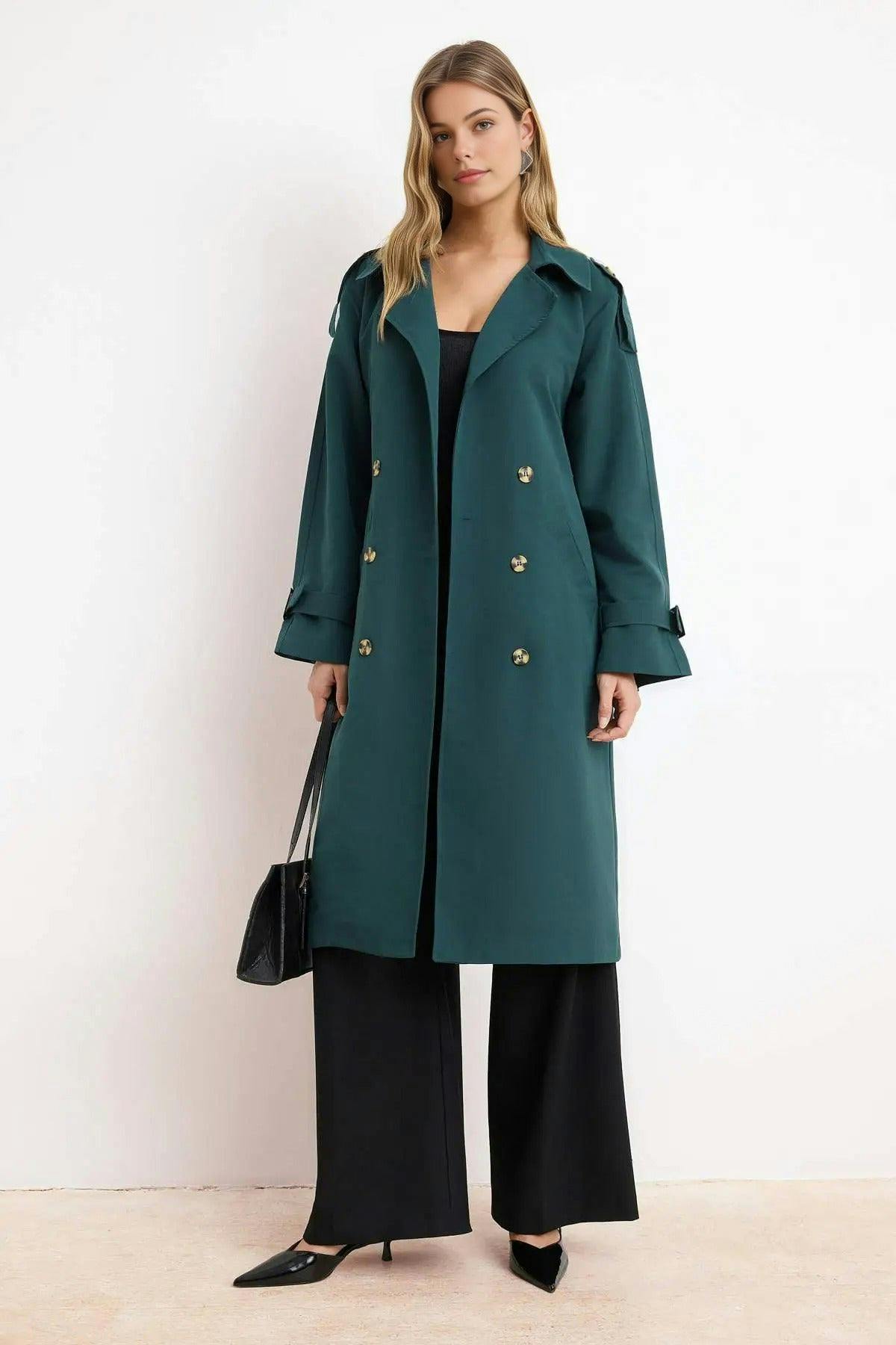 Wovcor Green Oversize Belted Water Resistant Long Trench Coat - 4