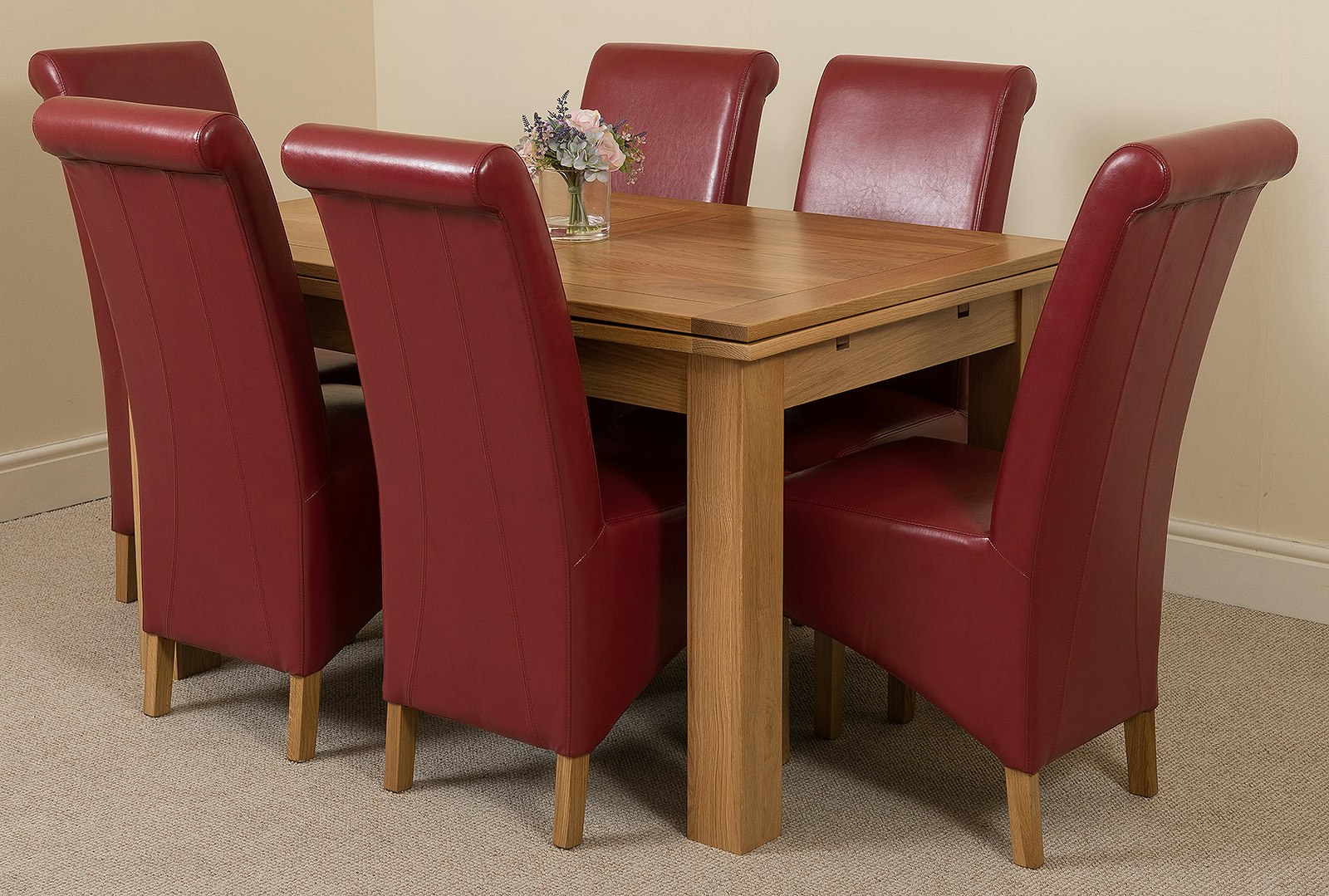Rackhams Burgundy Richmond Medium Oak Extendable Dining Table With Montana Leather Chairs - 6 Chairs