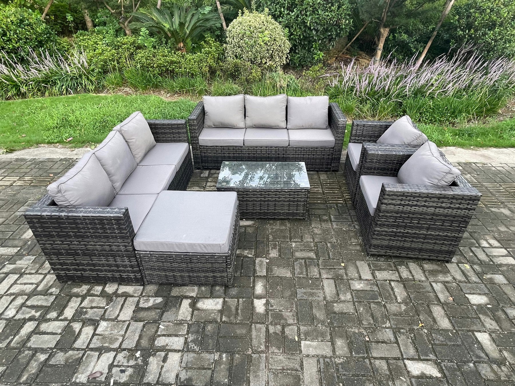 Fimous Dark/Grey Outdoor Lounge Sofa Set Wicker Pe Rattan Garden Furniture Set With 2 Armchair Oblong Coffee Table Big Footstool Mixed