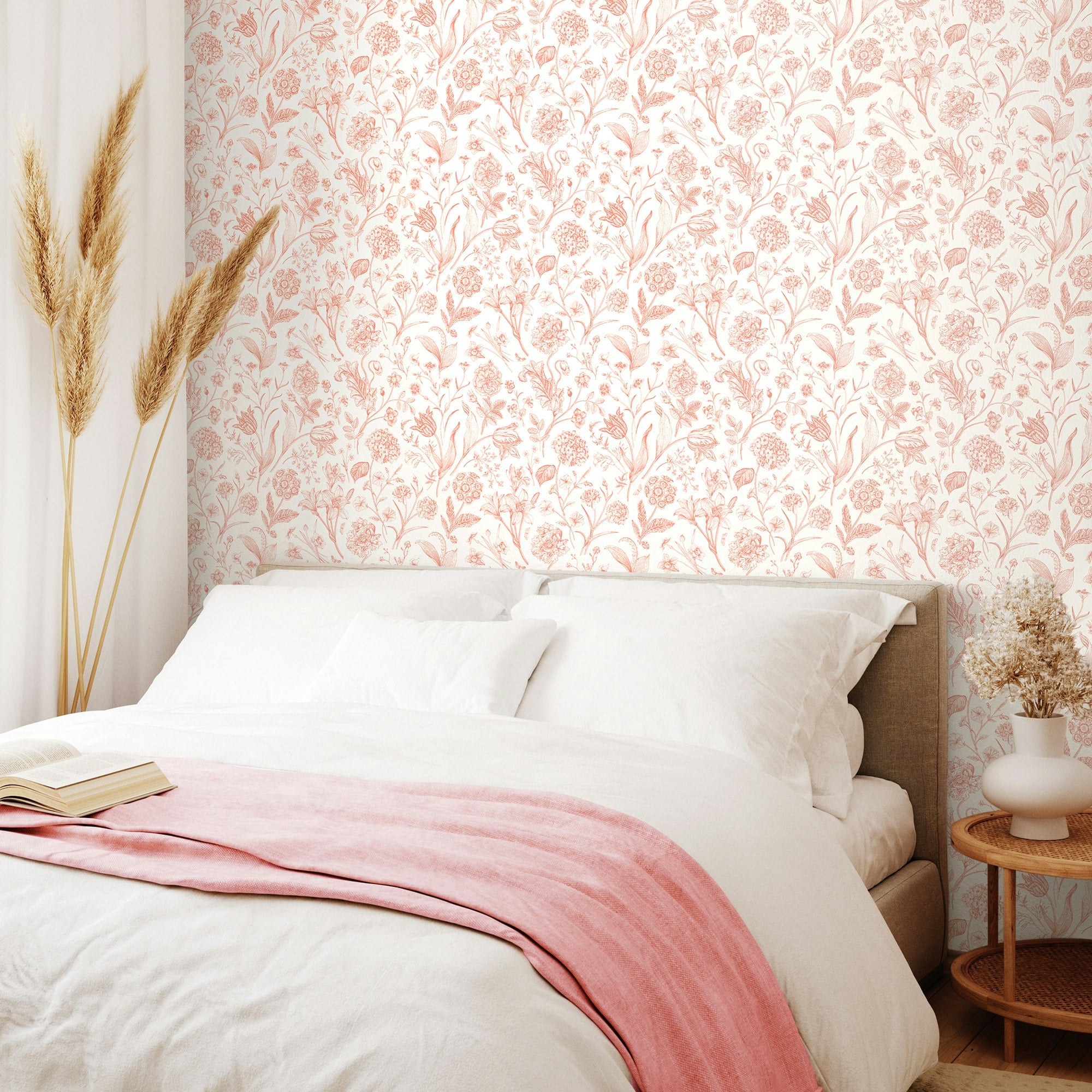 Hoopla Walls Coral Floral Toile - Soft 10M Wallpaper