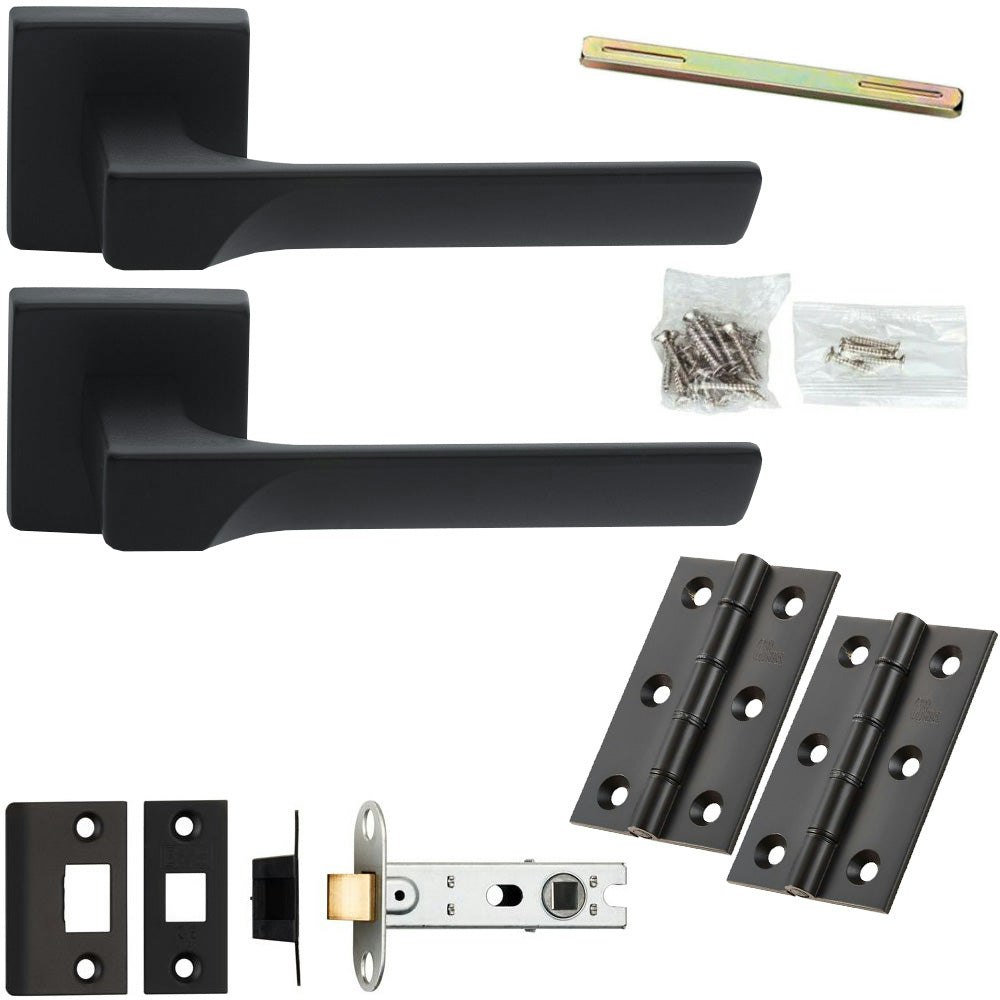 Rackhams Black Loops Door Handle & Latch Pack - Matt - Smooth Scalloped Bar Lever On Square Rose