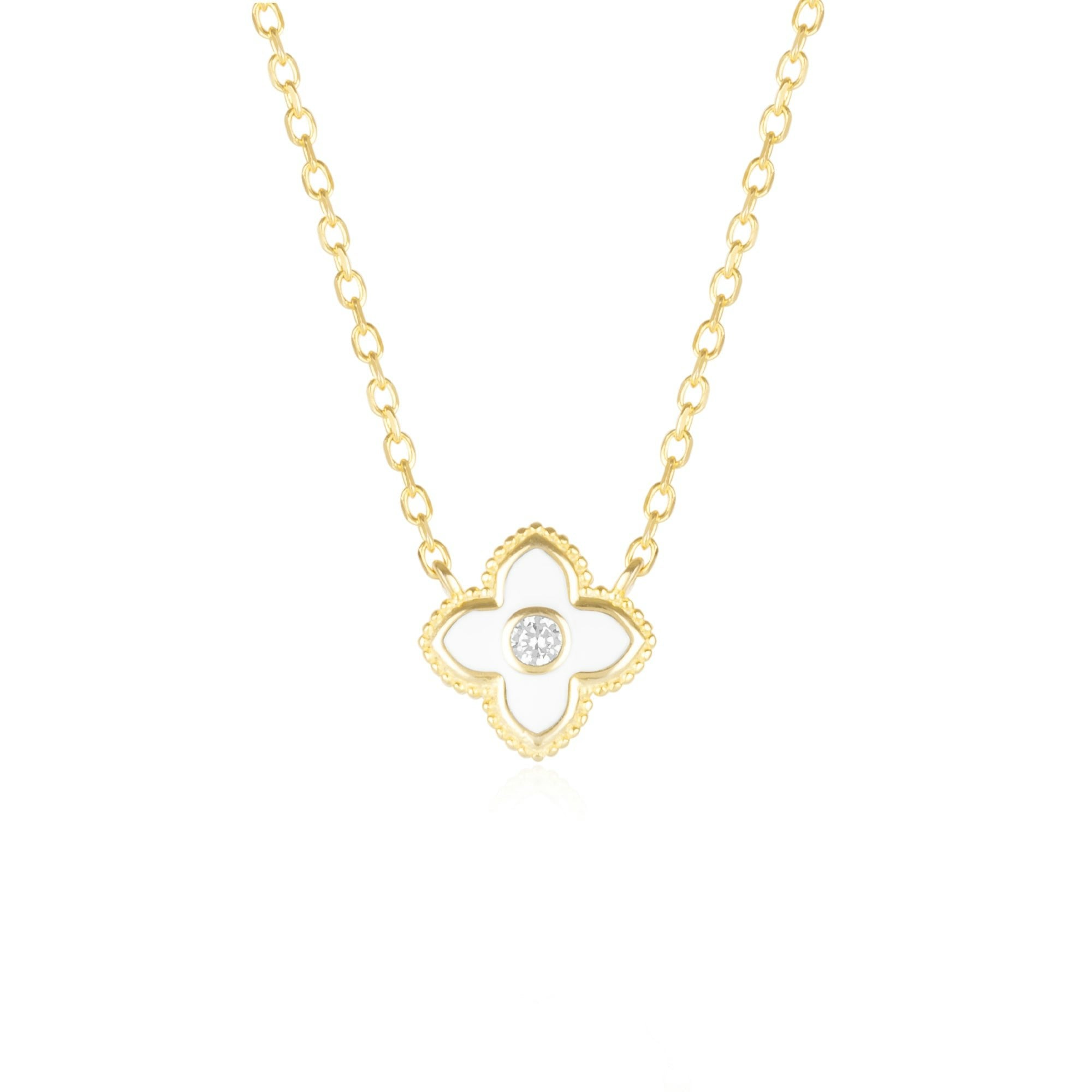 Spero London White/Silver/Gold Enamel Four Leaf Clover Necklace With Gemstone In Sterling