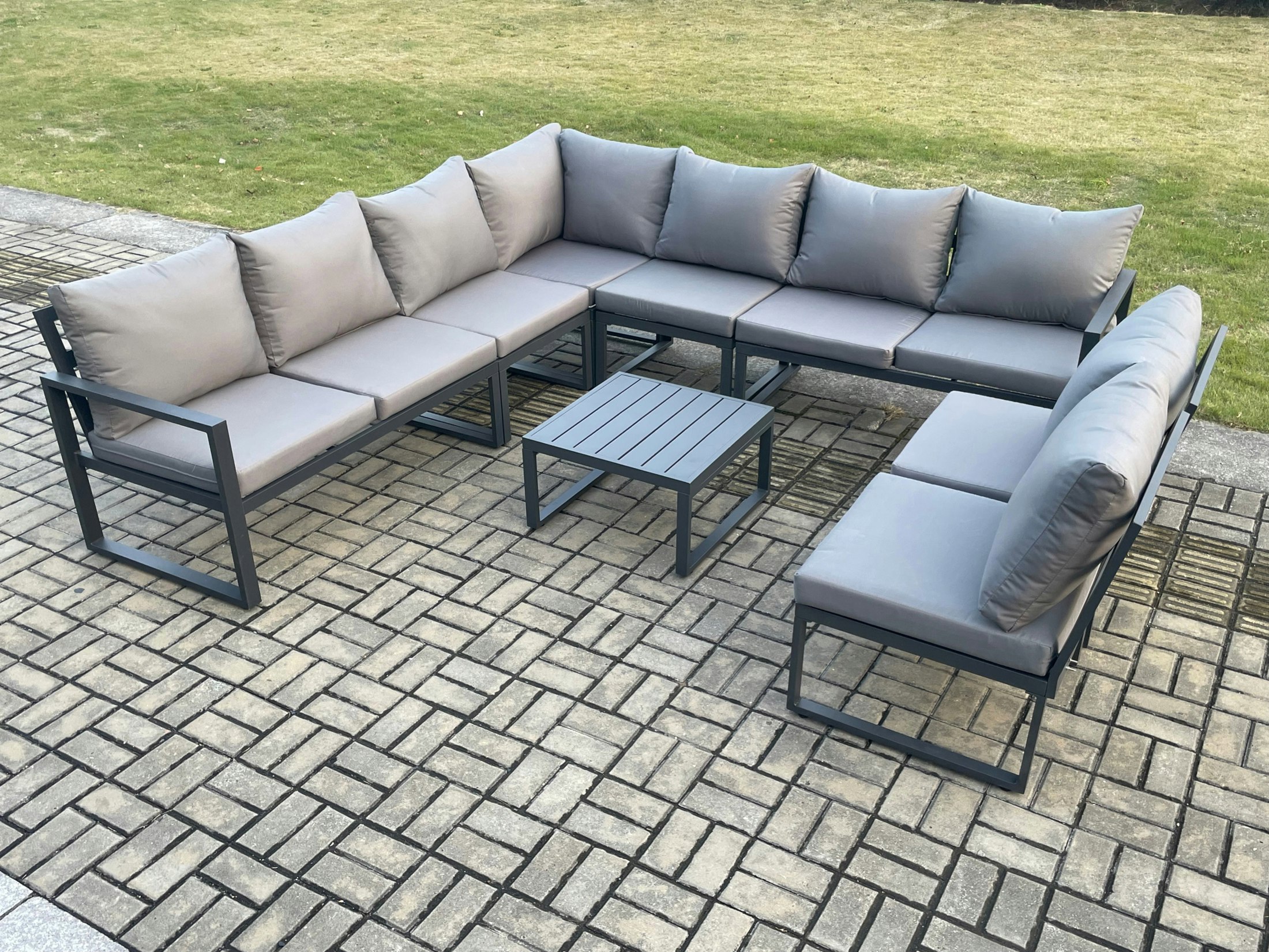 Rackhams Dark/Grey 9 Seater Patio Outdoor Garden Furniture Aluminium Lounge Corner Sofa Set With Square Coffee Table