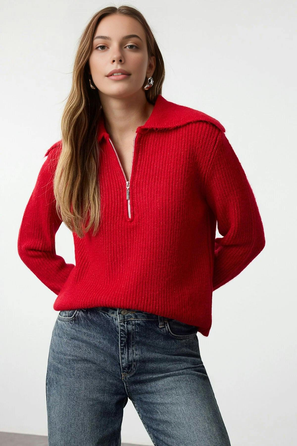 Wovcor Red Oversize Polo Collar Knit Sweater With Zipper Detail - S