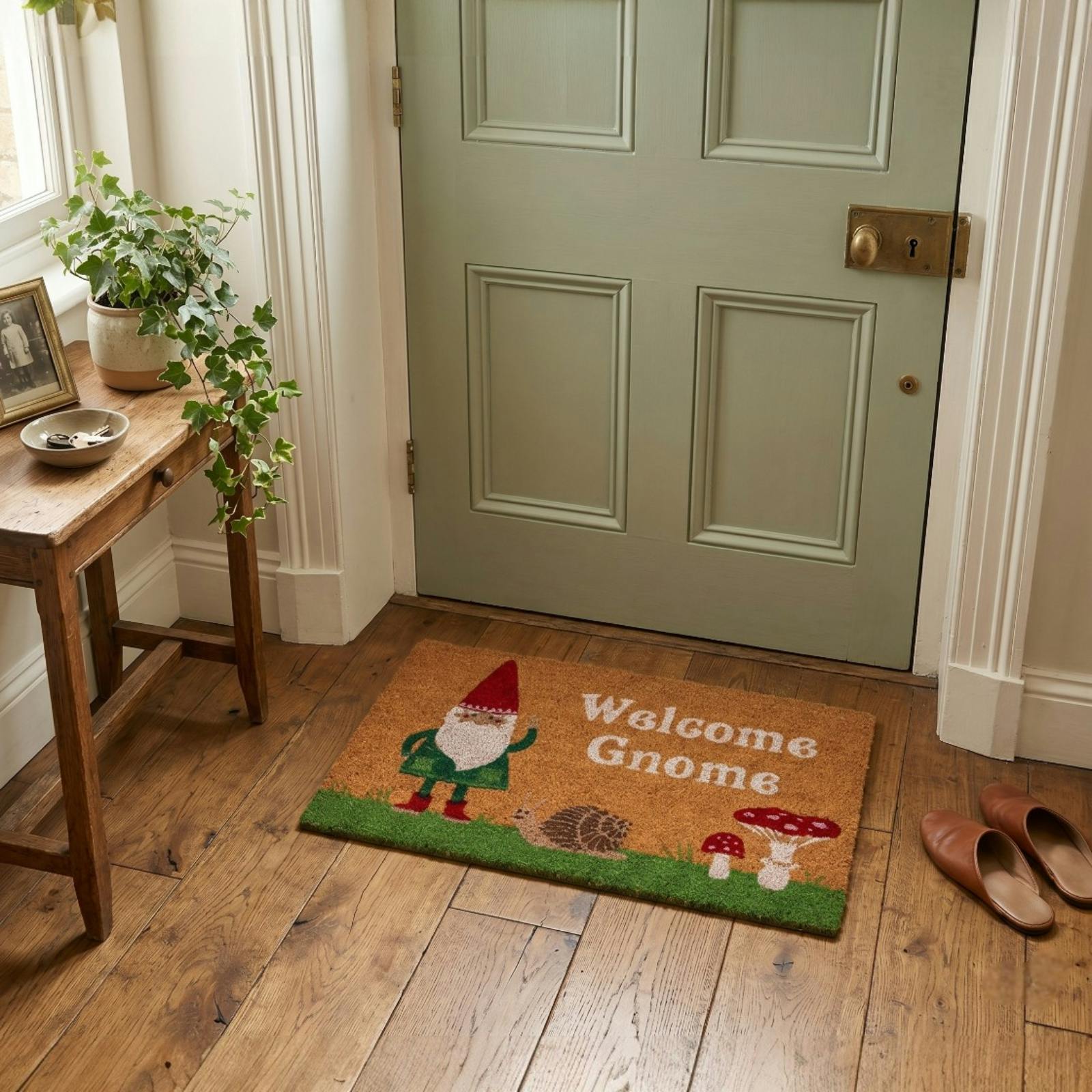 Rackhams Red Garden Gnome And Mushroom Natural Coir Welcome Doormat