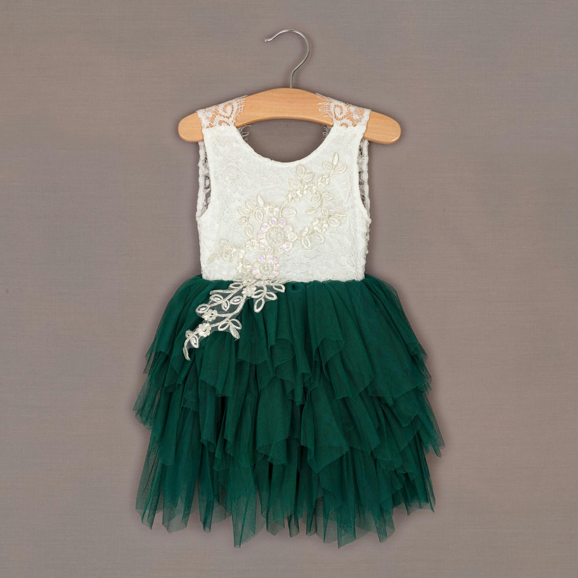 Uk Flower Girl Boutique Girls Green Uk Flower Boutique Boho Dreams Dress - Hunter Applique - 12/18 Months