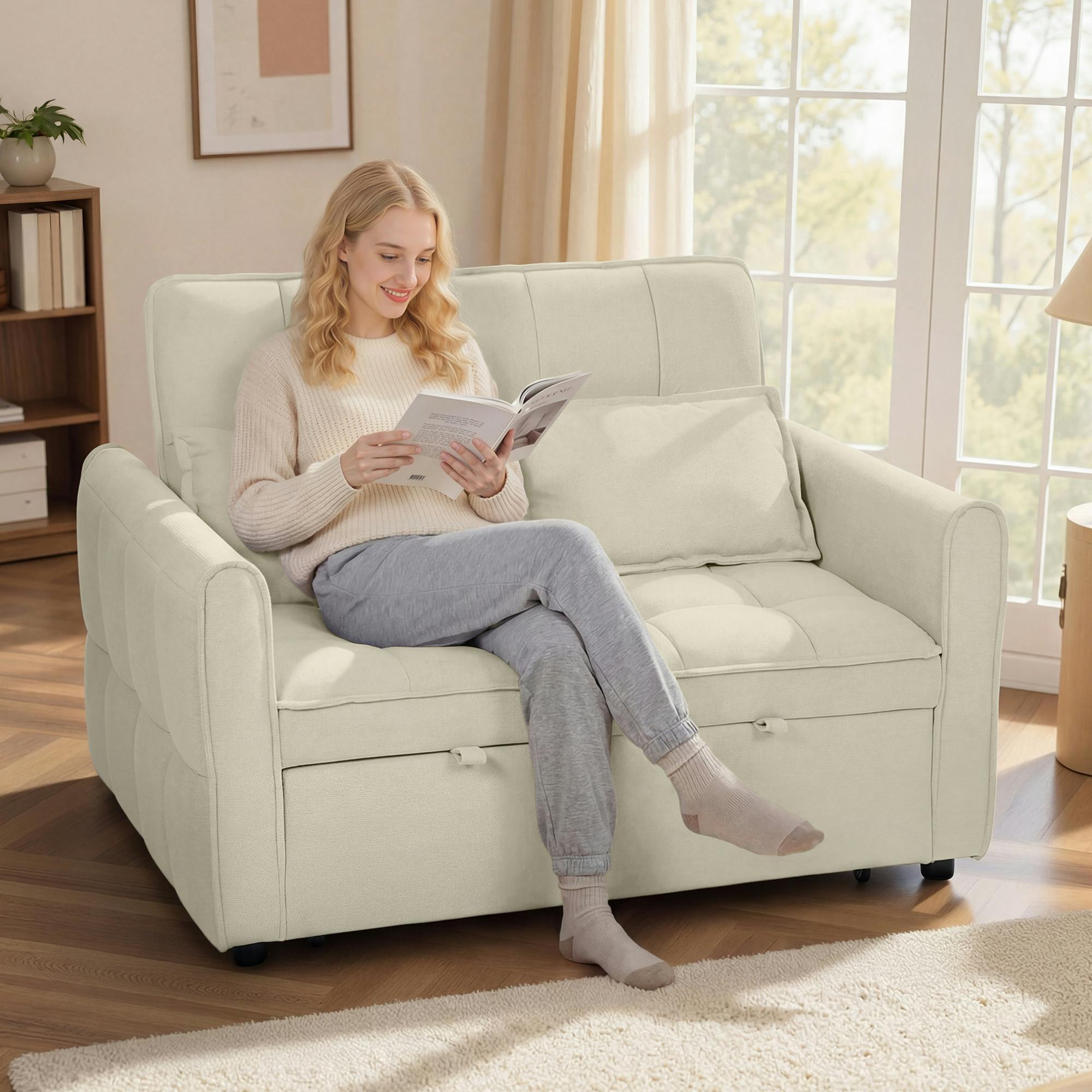 Homcom 2 Seater Sofa Bed, 3-In-1 Sleeper Sofa With Adjustable Backrest - Tan - Sofa Bed