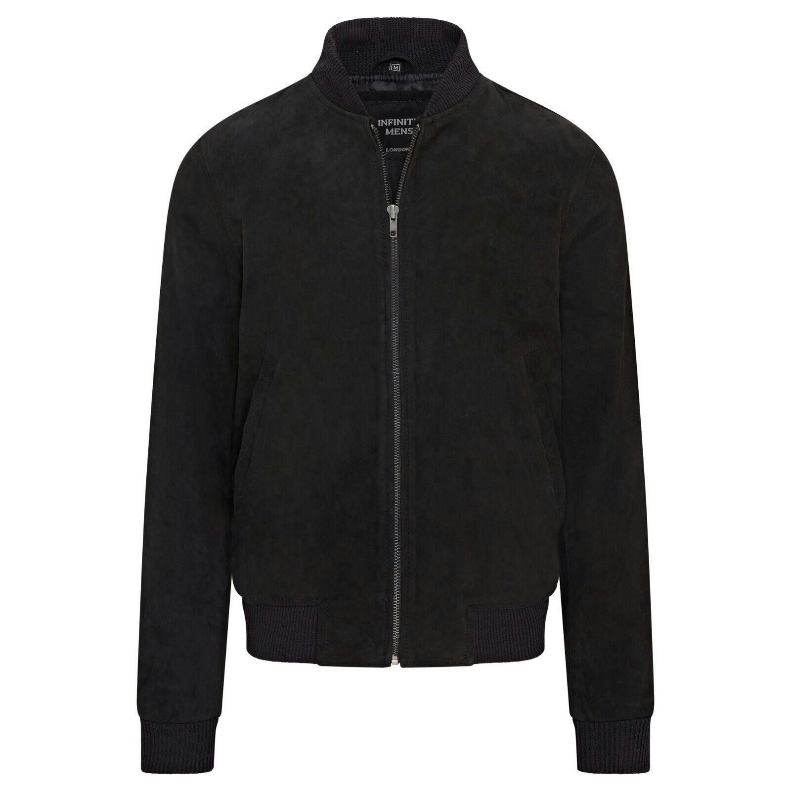 Infinity Leather Men's Black Soft Goat Suede Ma-1 Varsity Bomber Jacket - Dalian - Uk 4XL | Eu 58 | Us 48