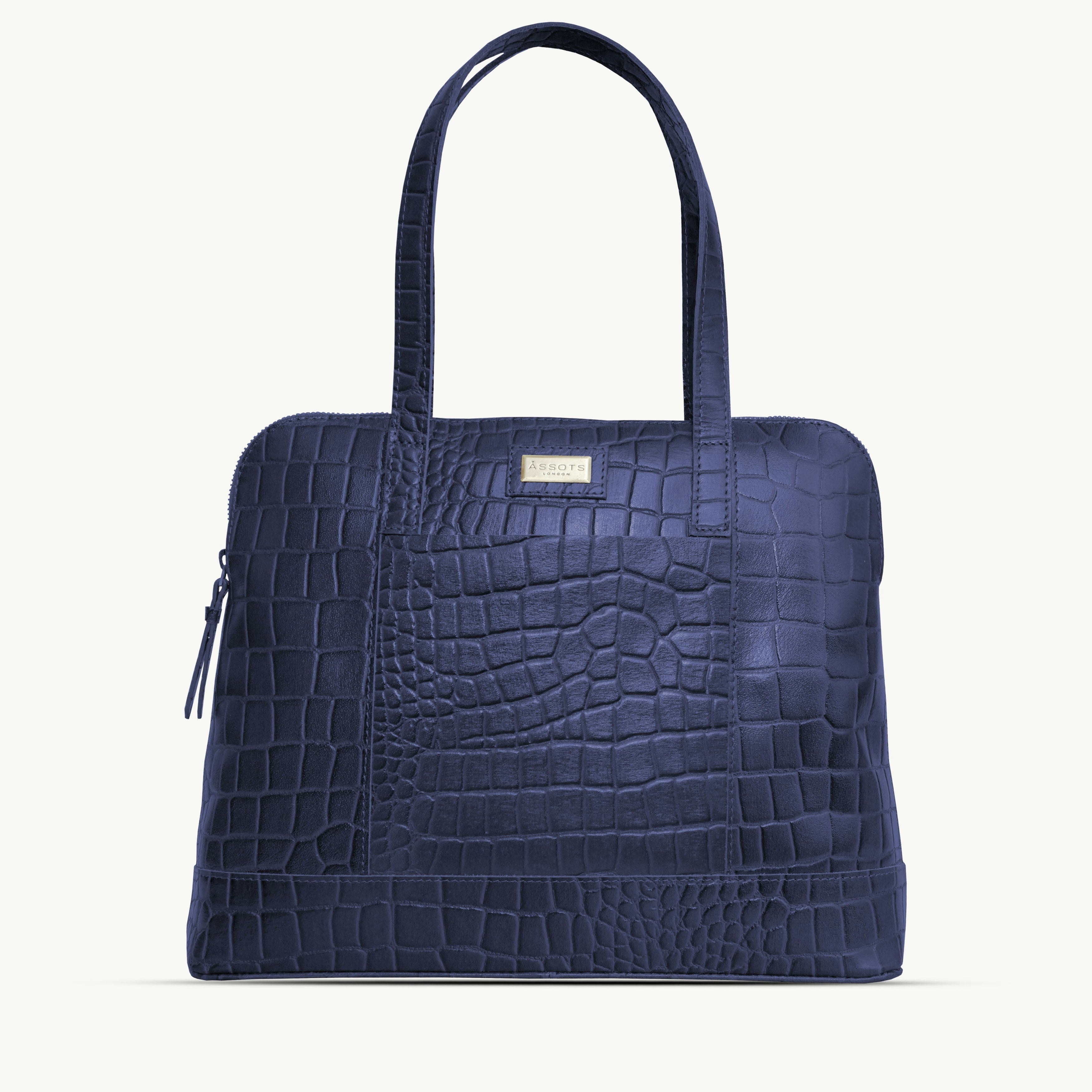 Assots London Gold 'Eva' Navy Croc Real Leather Designer Unlined Tote Bag