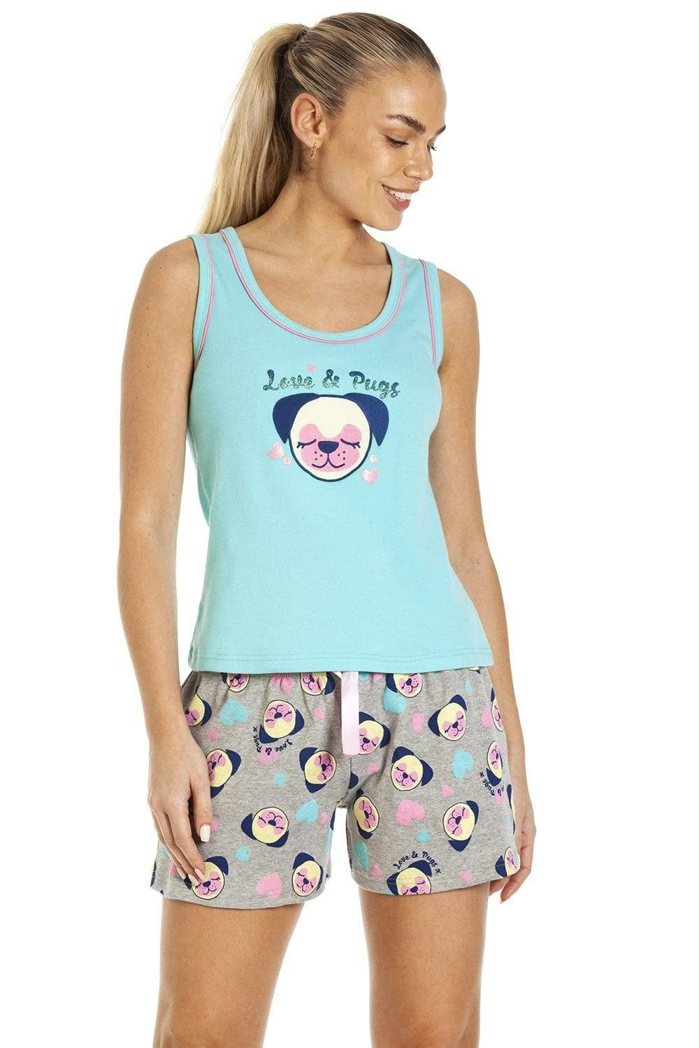 Camille Women's Pug & Cat Short Pyjama Sets - Aqua - 8-10